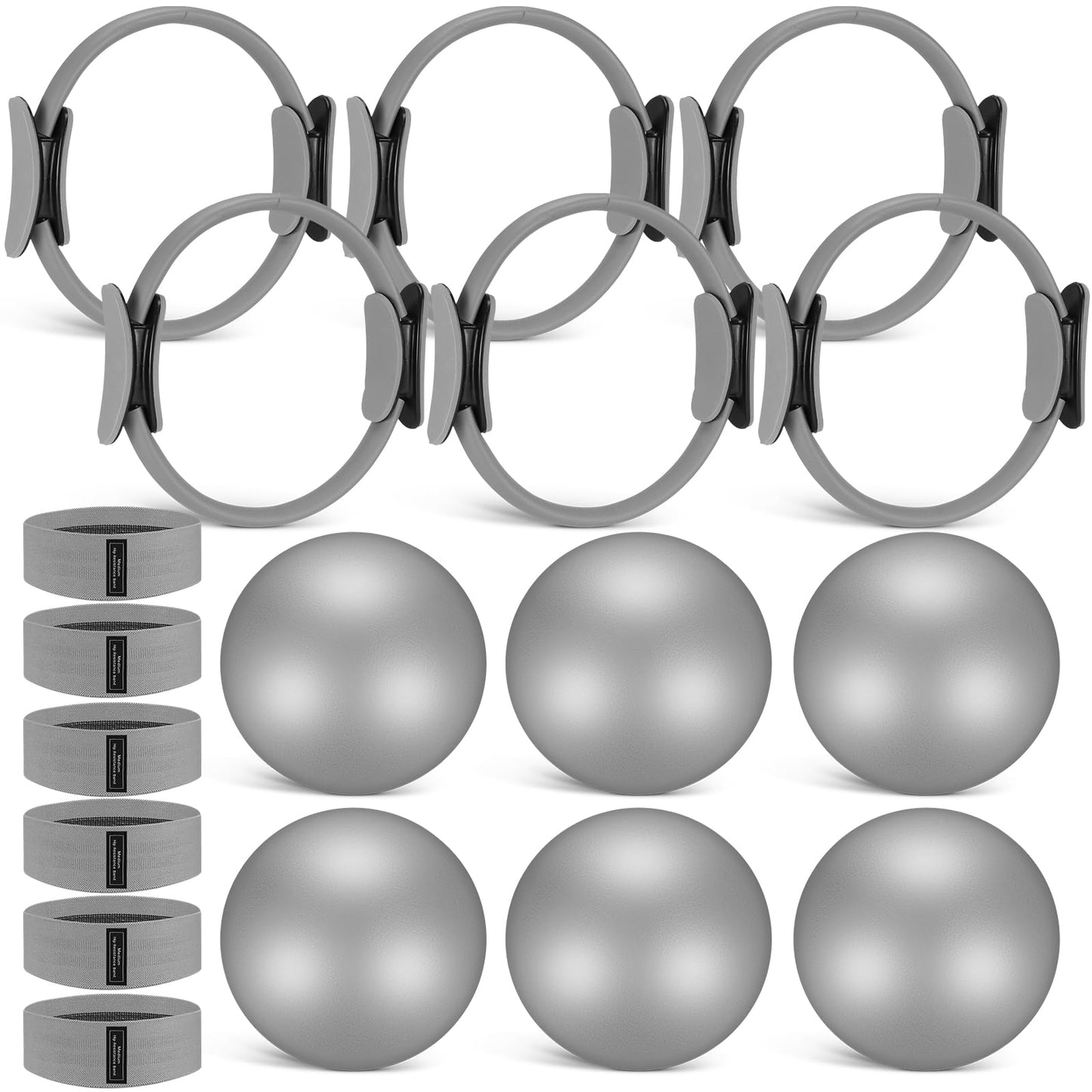 Seenelling 18 Pcs Pilates Ring and Ball Set with Resistance Bands Home Workout Pilates Equipment 11.8 Inch Magic Circle with Padded Handles, Mini Ball for Strength, Toning, Flexibility (Grey)