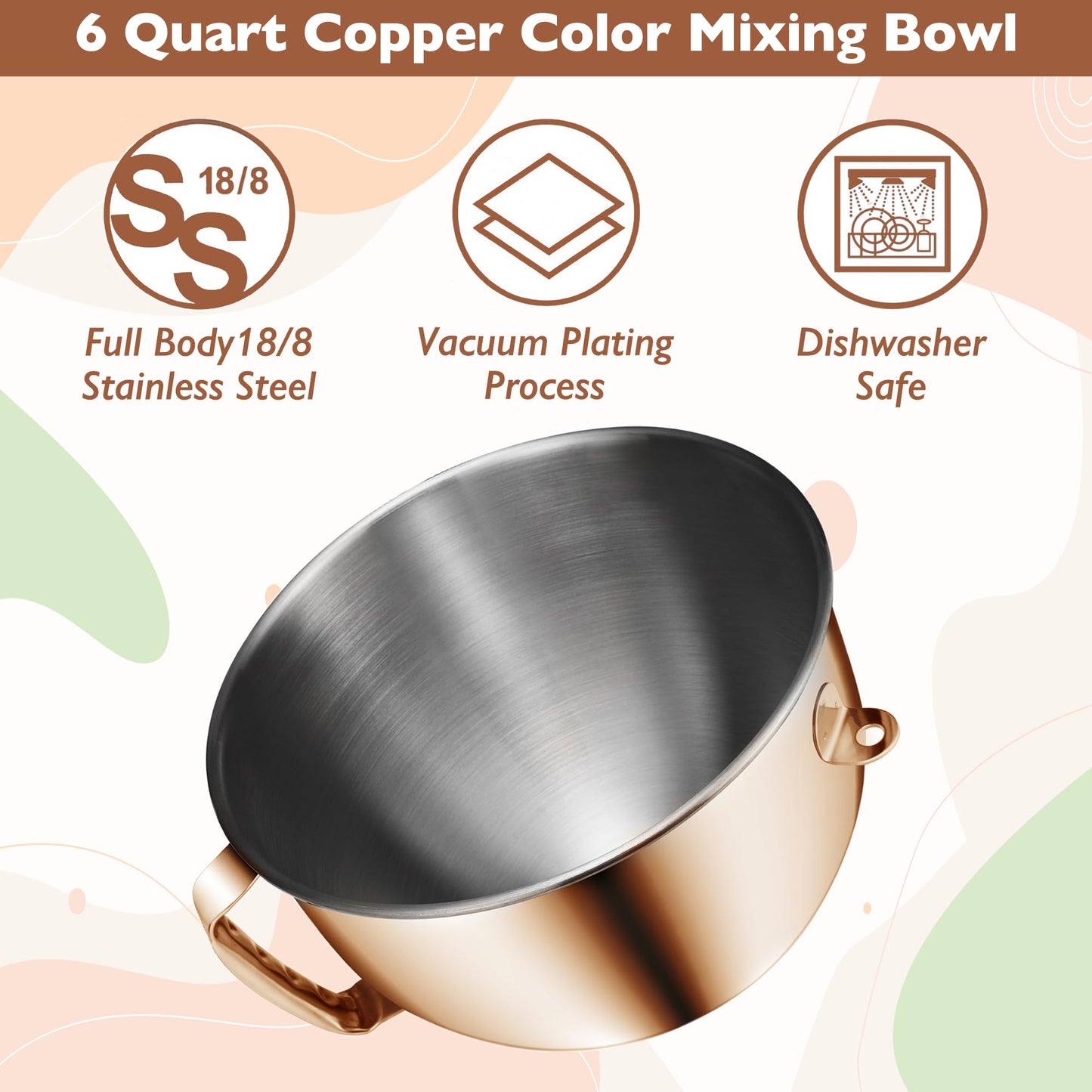 Wiselet Copper Color Stainless Steel 6 Quart Mixing Bowl for Kitchen Aid Professional Bowl Lift Stand Mixer, Heavy Duty Extra Mixer Bowl fits KP26, KB26, Dishwasher Safe, Ergonomic Handle