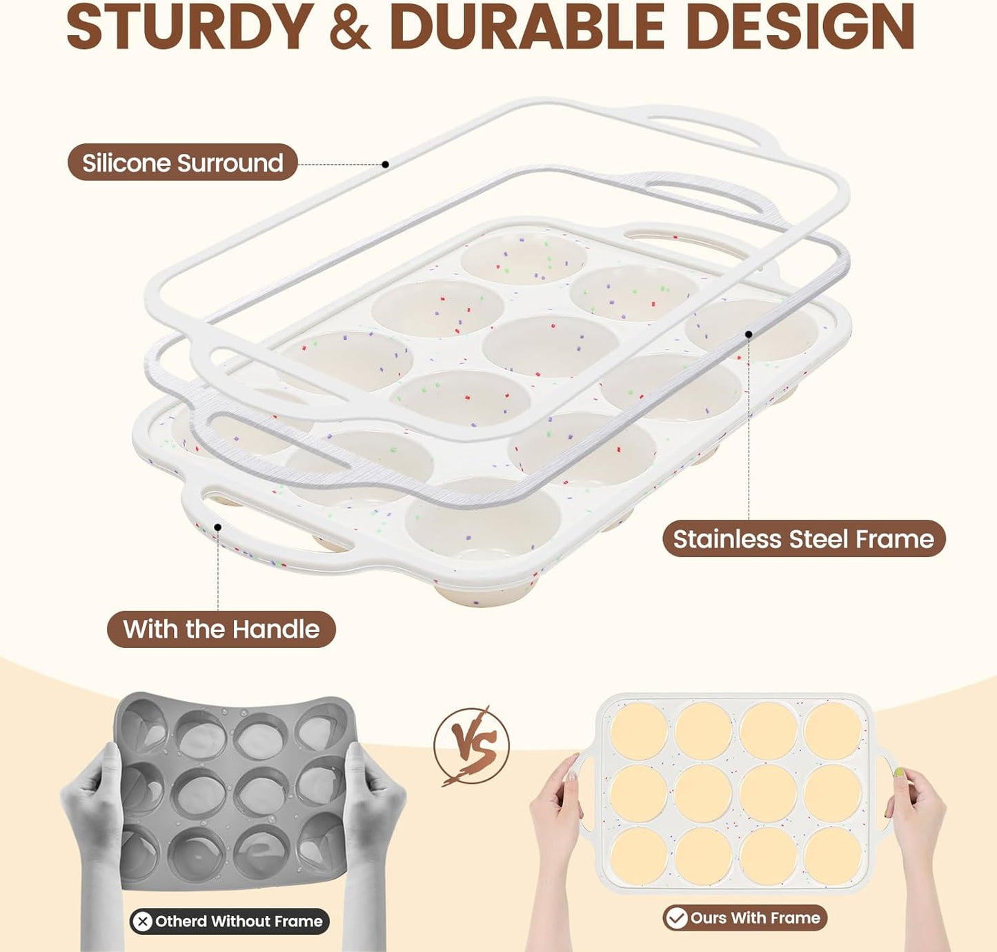 Vinino 8-Piece Nonstick Baking Pans Set - Silicone Muffin, Loaf & Cake Pans with Metal Reinforced Frame & Roasting Pan | Oven Safe, Cream Color