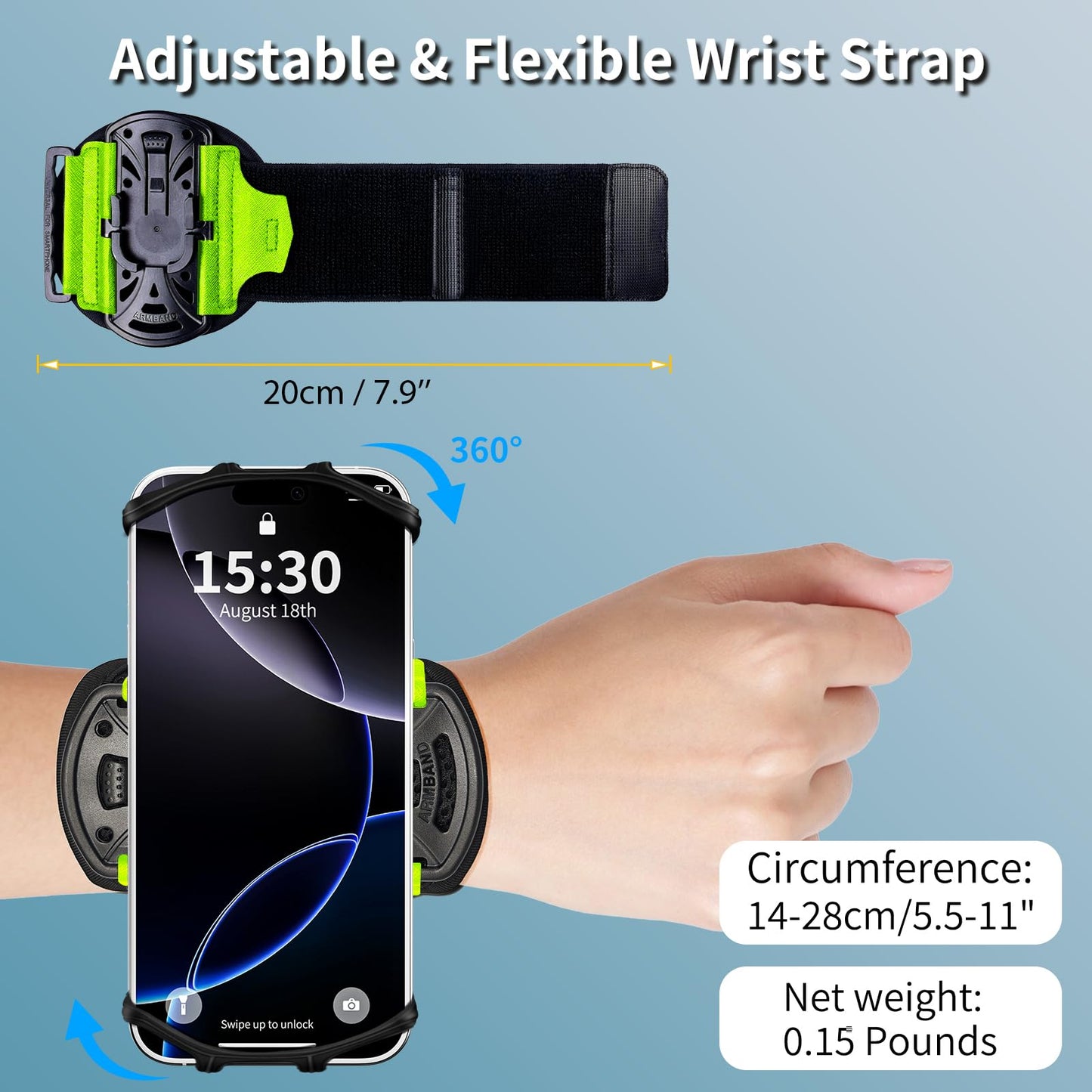 Wristband Phone Holder for Running,【360° Rotatable & Upgrade Anti-Drop】 Suitable for Mobile Phones（Fits All 4-6.5 Inch）, scanners, Portable Computers, and PDAs(Green)