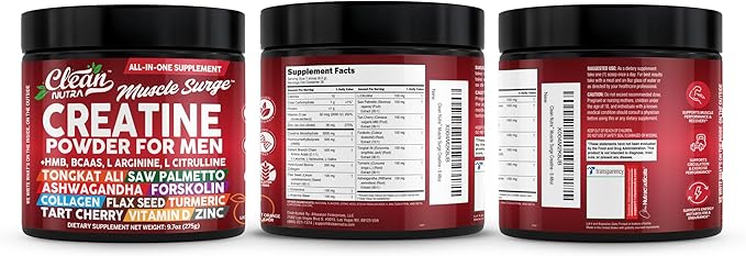 Clean Nutra Creatine Powder for Men + HMB BCAA L Arginine L Citrulline Tongkat Ali Saw Palmetto Ashwagandha Collagen Flax Seed Turmeric Preworkout Stevia Nitric Oxide L Glutamine Amino Acids