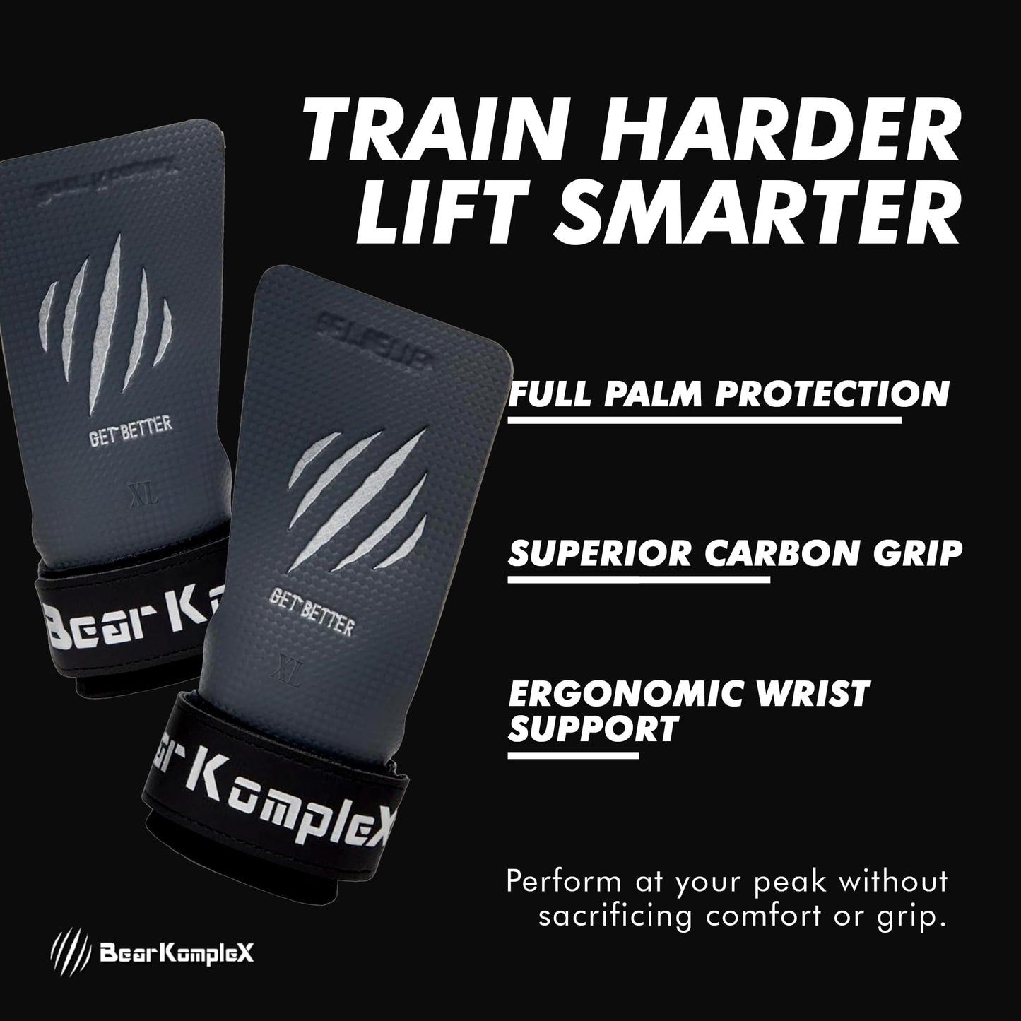 Bear KompleX No Hole Carbon Hand Grips - Non-Slip Fingerless Gymnastics Grips for Weight Lifting, Pull-ups & Cross Training | Lightweight, Padded Wrists & Foldable Grip.