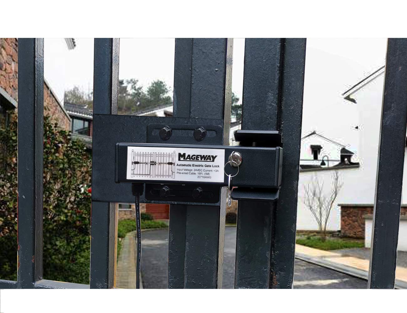 Mageway 24VDC Heavy Duty Automatic Electric Gate Lock for Swing Gate Opener Gate Operator Automatic Gate Openers, Fail Secure Waterproof Solenoid Lock, Pre-Wired 16 ft UL Cable