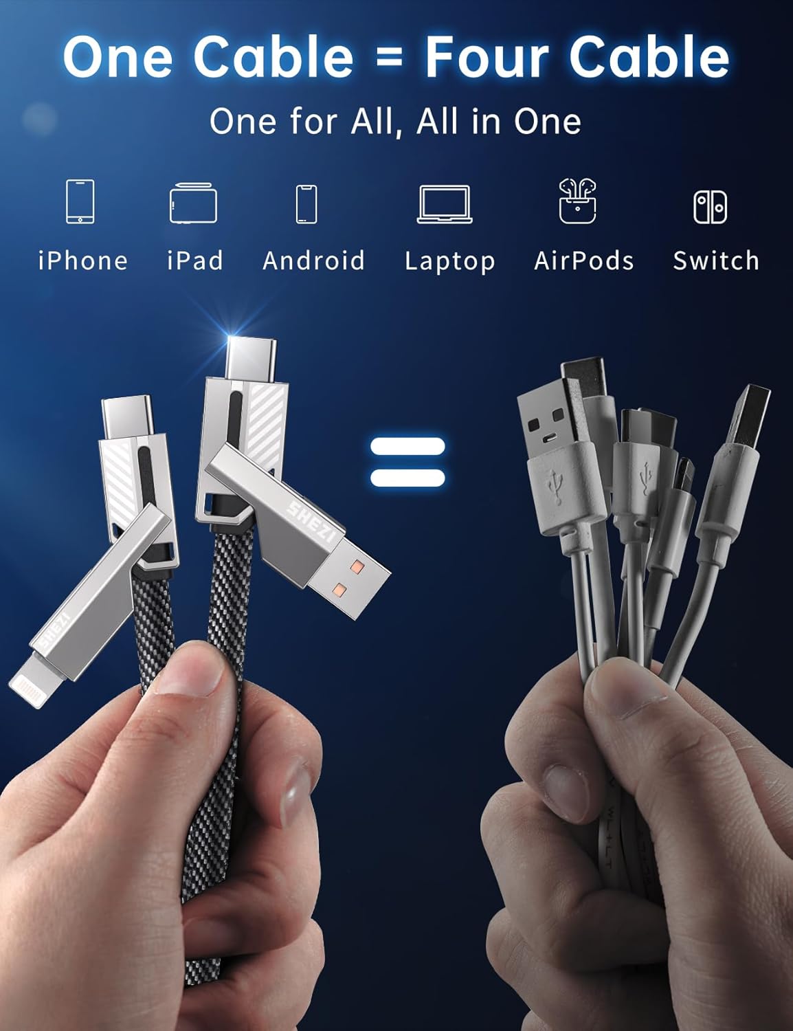 4-in-1 60W iPhone/Samsung/iPad,3FT [One is Enough] Compatible with USB C to Lightning Cable, High-Speed Charging & Fast