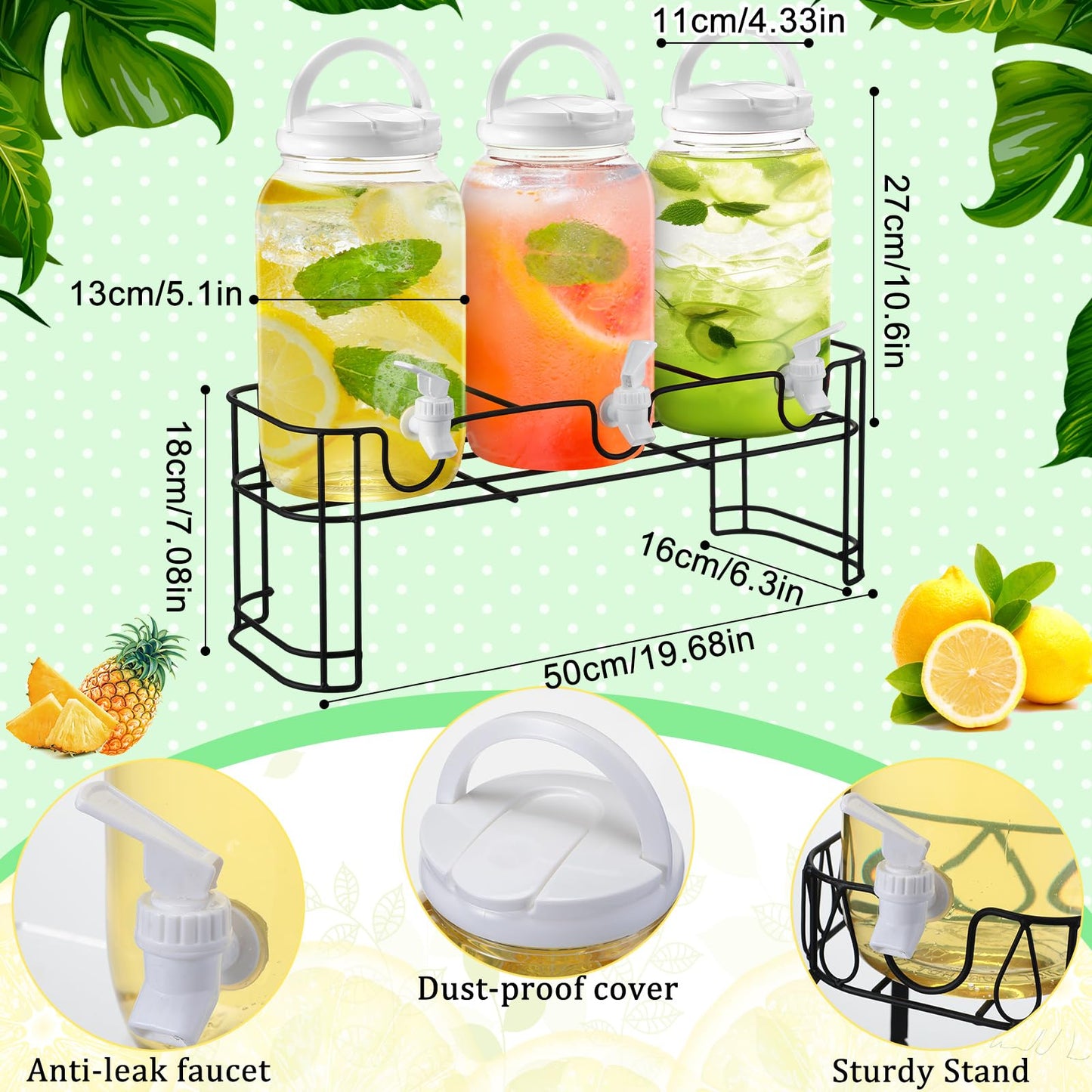 Tanlade 3 Pcs Plastic Drink Dispenser with Stand Beverage Dispenser with Sturdy Metal Base Juice Dispensers for Parties Lemonade Jar Spigot for Weddings Countertop, Each 1 Gallon(White)