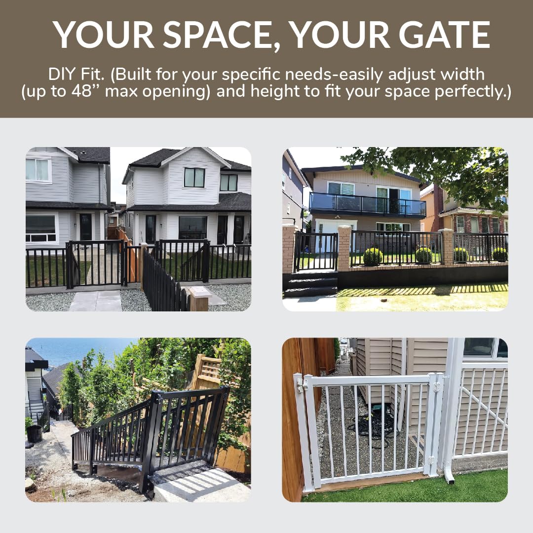 Gate Kit (3/4" pickets, White) Aluminum Deck Gate Kit - Build-to-Fit Hardware-Mounted Gate for Deck/Patio – Fits Openings Up to 48" Wide – Hinges & Latch Included (42" H)
