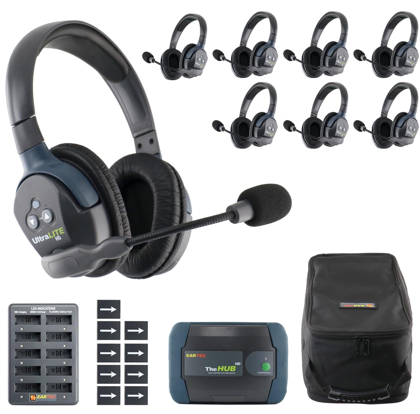 EARTEC HUB8D Ultralite-HD 8 Person Full Duplex Wireless Intercom Headset Communication System, Dual Ear Headsets, Up to 1000ft Range, U.S. Company