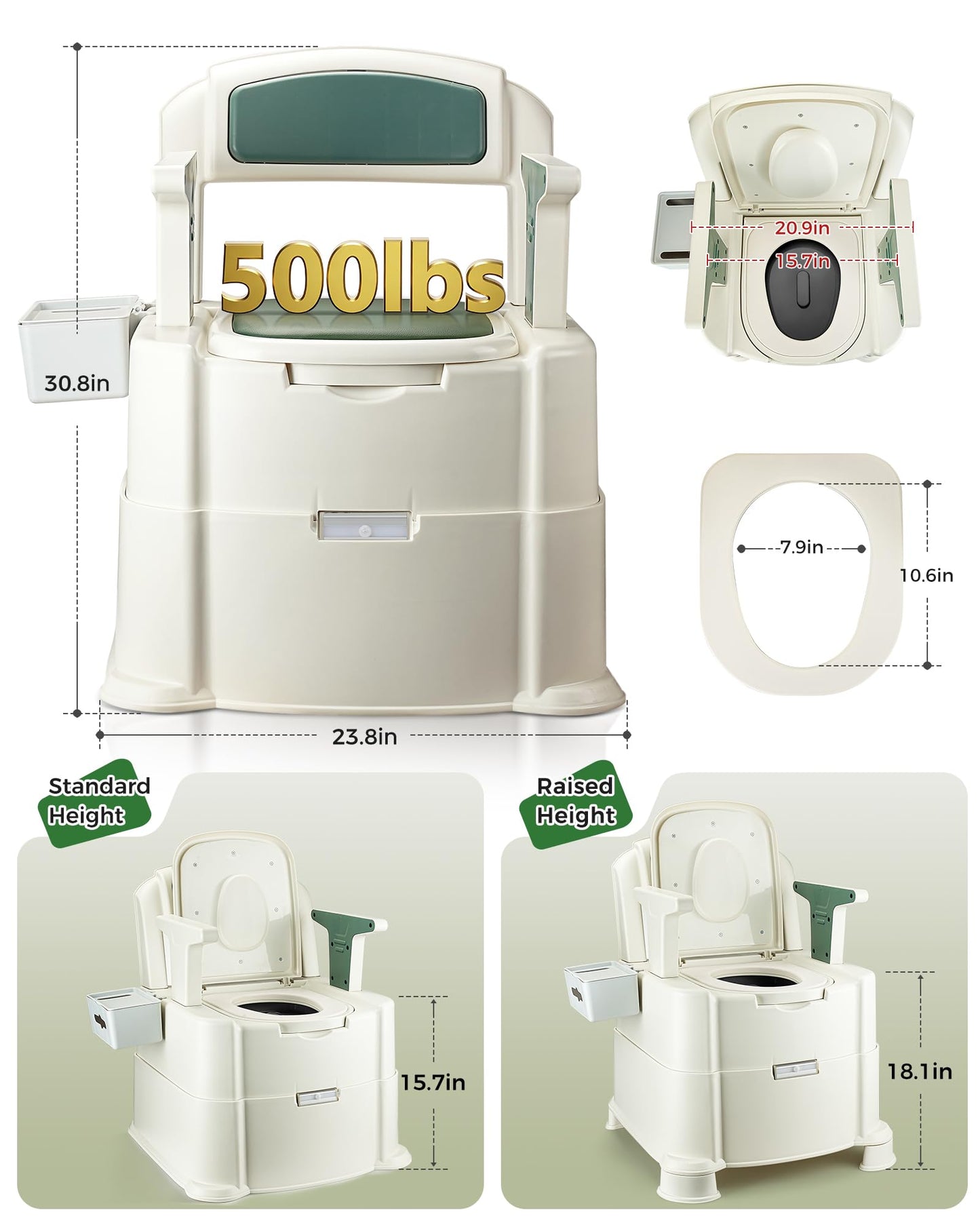 HygiVital Bedside Commode, 500lbs Heavy Duty & Upgraded Commode Toilet Potty Chair, Portable Camping Toilet, Detachable Armrests, Automatic LED Light, 2-Level Height, 3 Rolls of Commode Liners 【Green】