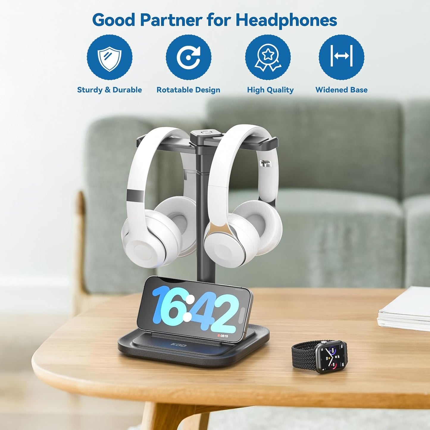 KDD Headset Dual Headphone Stand for Desk - Rotatable Hanger with Phone Holder - Removable Non-Slip Base for Gamers