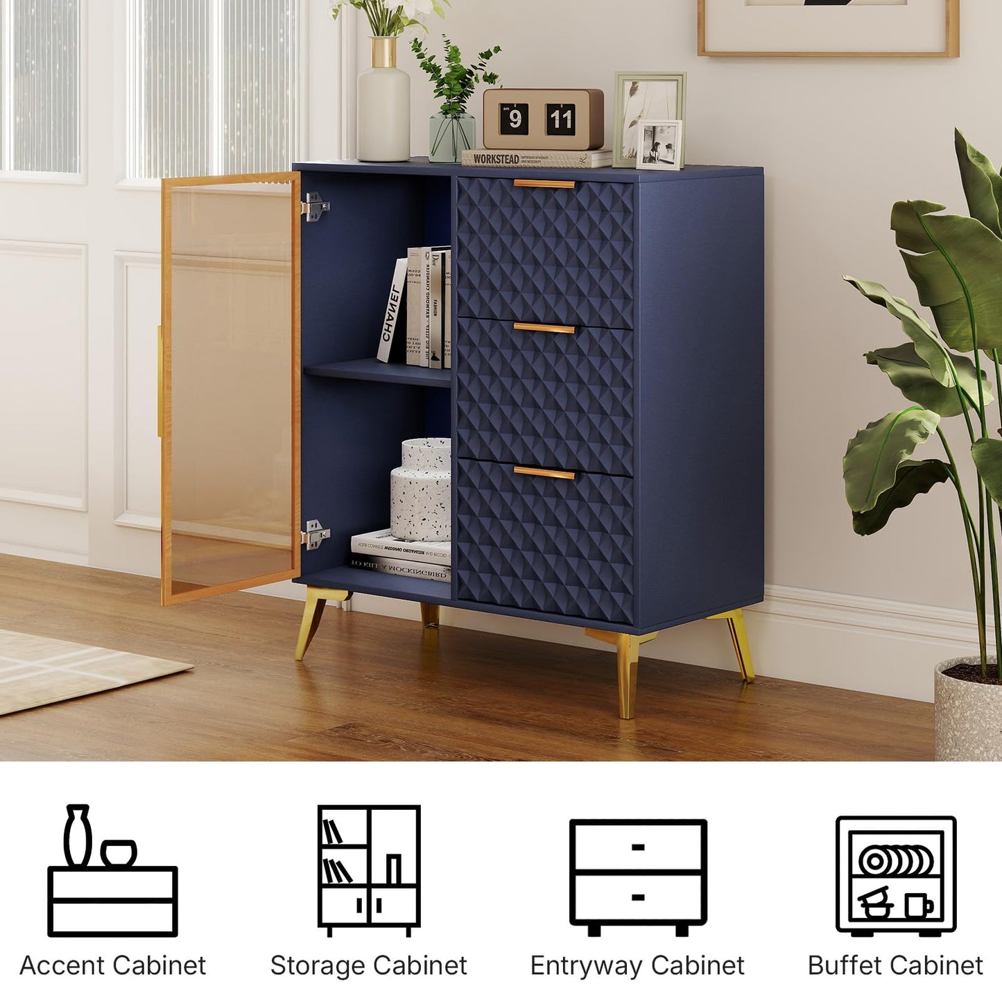 Rovibek Modern Sideboard Cabinet with Storage, Small Kitchen Buffet Cabinet with Glass Door & 3 Drawers, 31" Accent Sideboard Buffet for Kitchen, Living Room, Blue