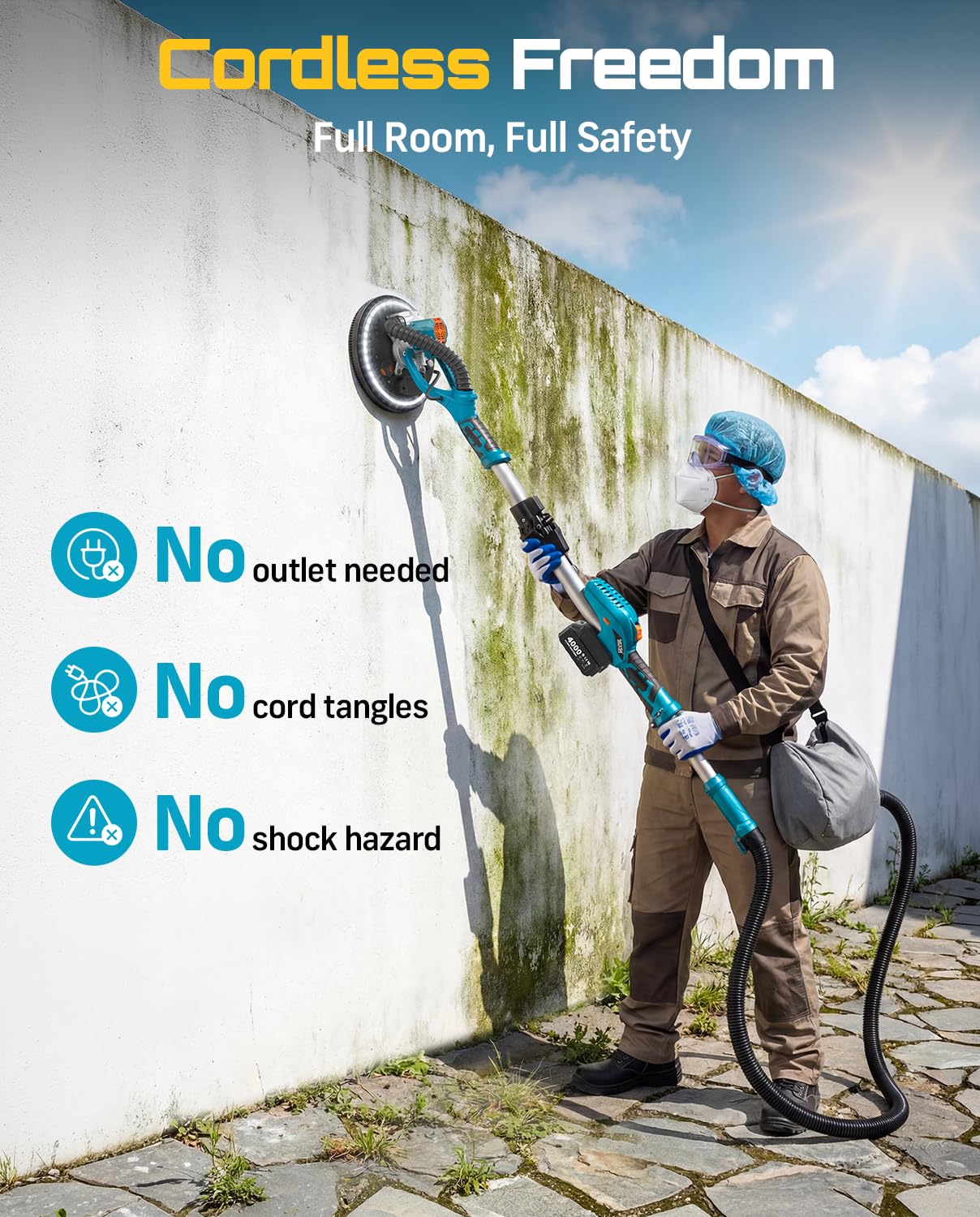 SEESII Cordless Drywall Sander with Vacuum,900W 1900RPM 2x4.0Ah Battery,Popcorn Ceiling Remover Tool,Brushless Low Noise Variable Speed,Wall Sander for Painting Prep,Foldable Telescopic,LED,12 Discs