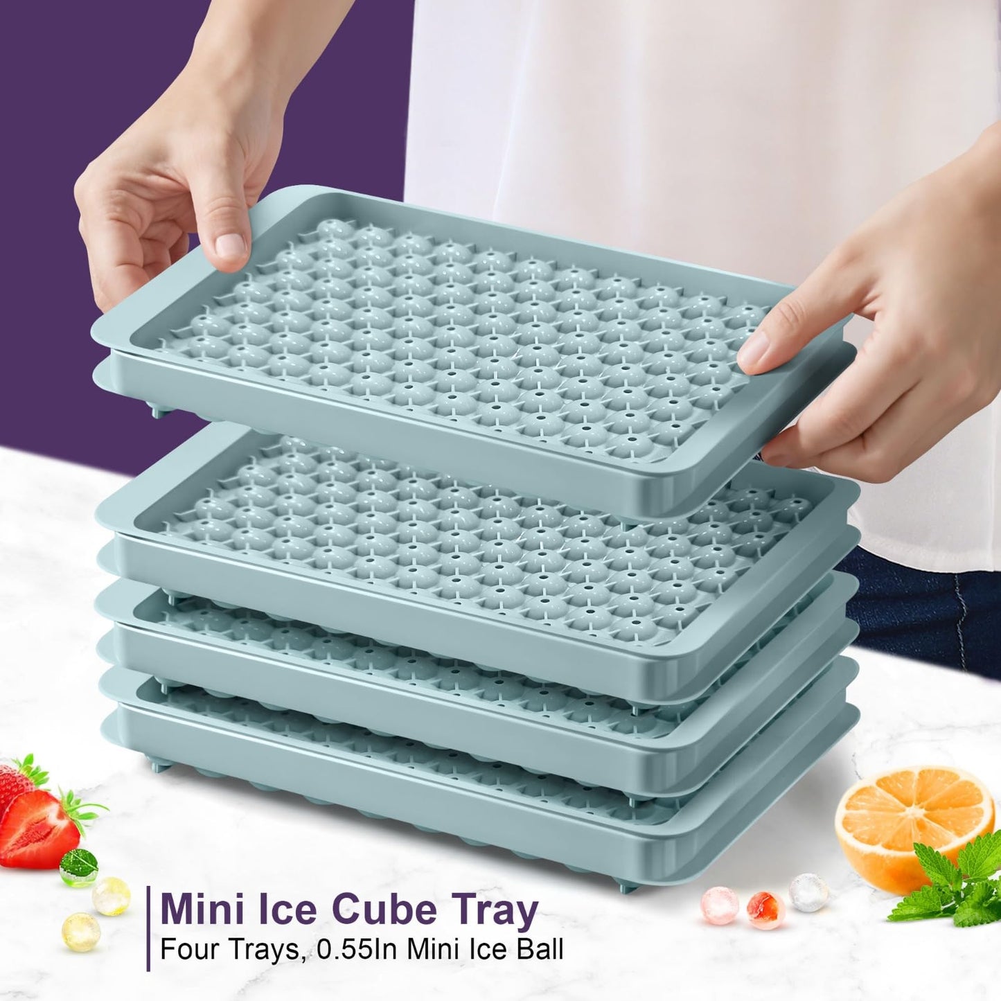 0.55in Mini Ice Cube Trays - Plastic Tiny Pebble Ice for Iced Coffee & Cocktails - Fast Chill, Easy Twist Release - Stackable with Lid, Storage Bin, Tongs, 2 Straws (4 pack, Blue)