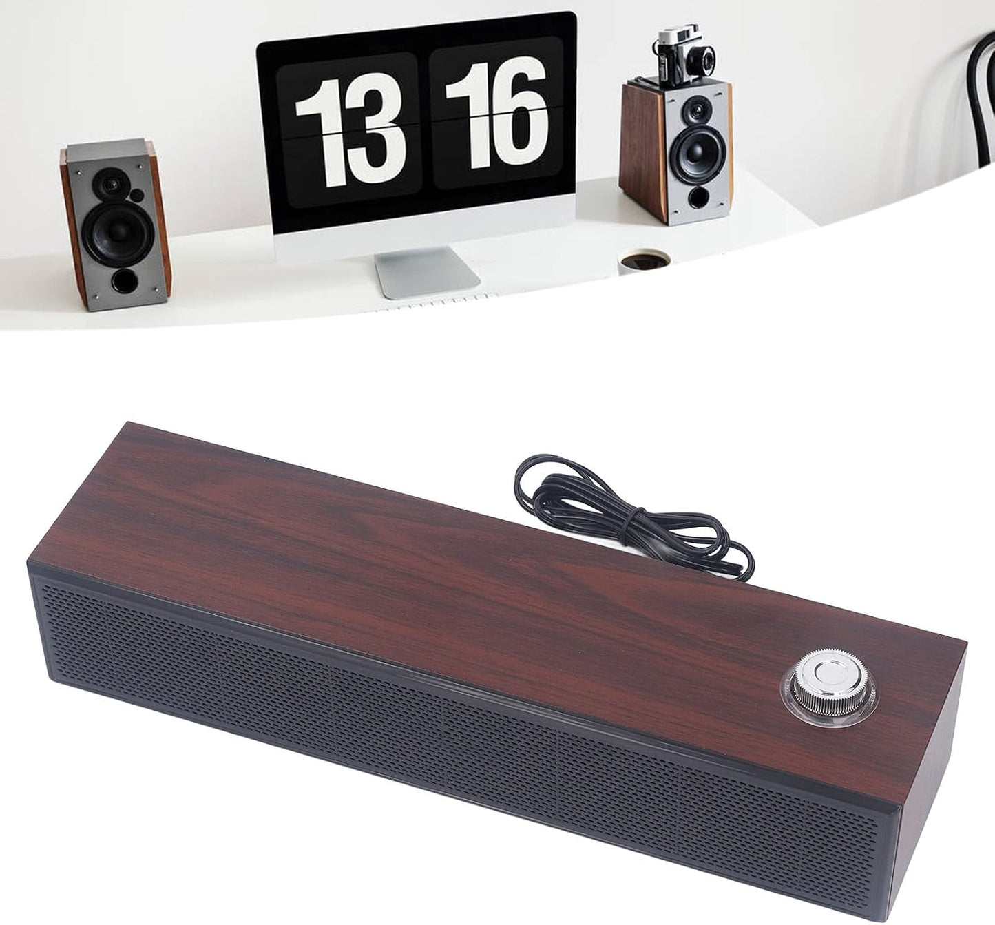 Diyeeni 3.5mm 1.2m Wooden Computer Speaker, USB Powered PC Speakers, HiFi Stereo Sound Computer Sound Bar for Desktop