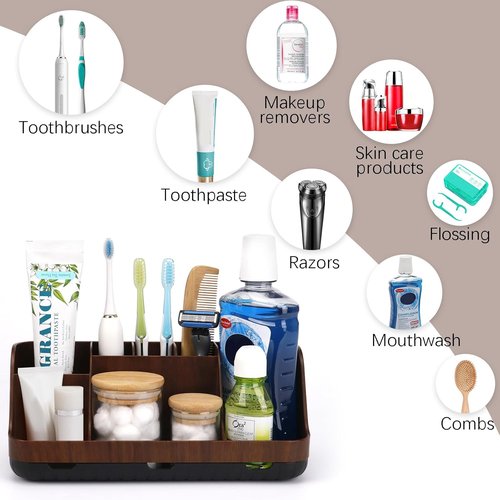 GFWARE Wooden Toothbrush Holder - 7 Slot Bathroom Organizer for Kids | Brown Countertop Caddy