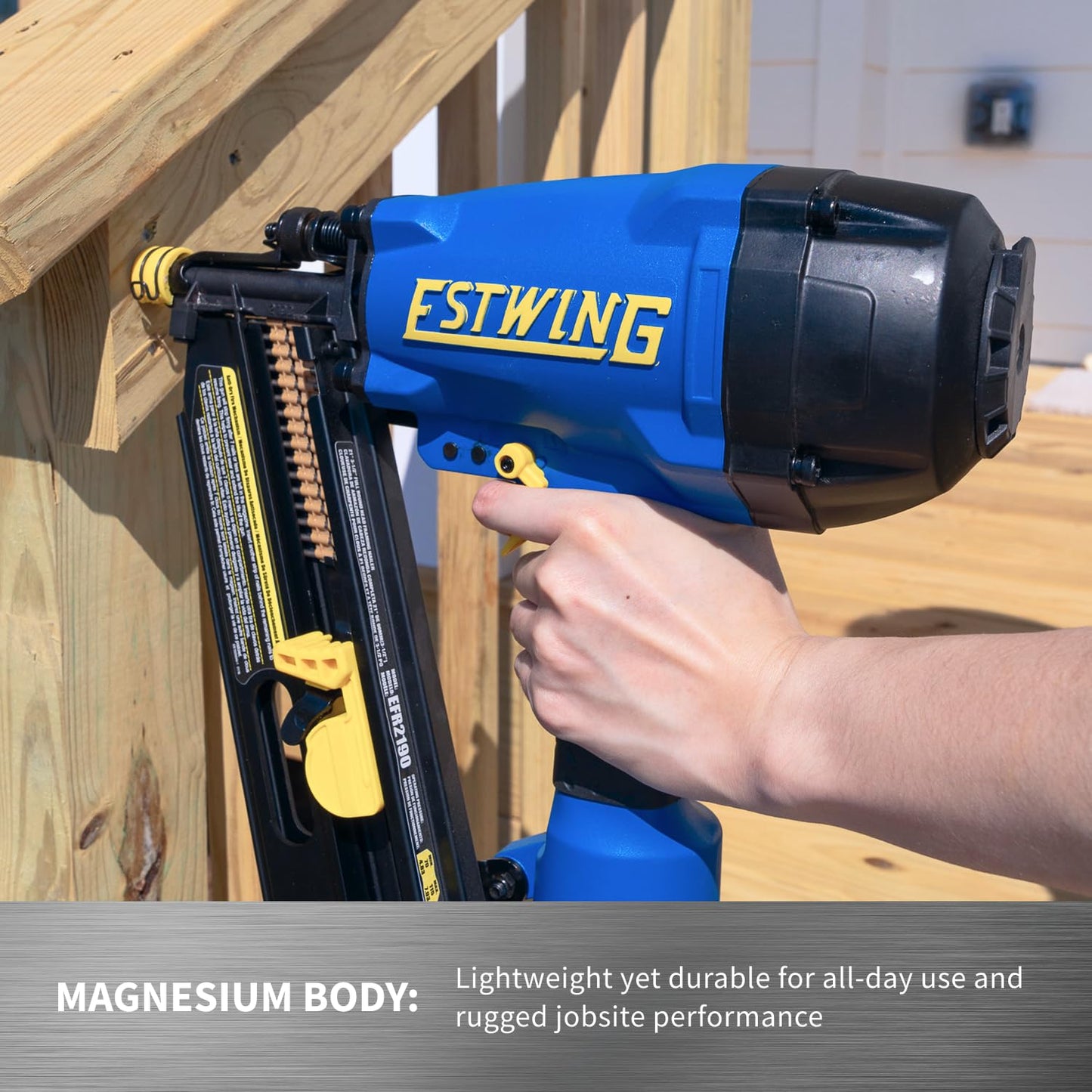 Estwing Pneumatic 21 Degree Framing Nailer, 2”–3-1/2” Framing Nails, Lightweight Magnesium Nail Gun with Depth Adjustment, Dual Trigger & Swivel Fitting, Includes Belt Hook & Carry Bag, EFR2190