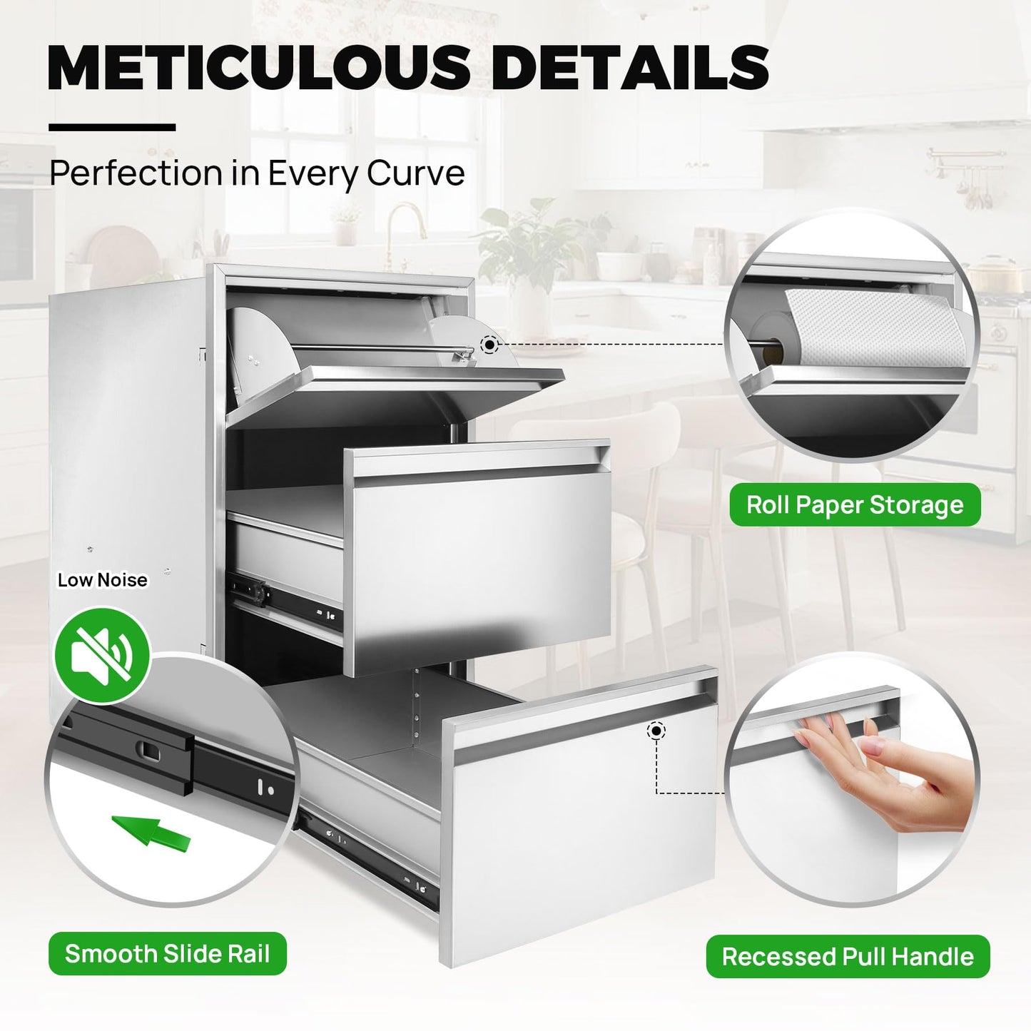 POPMOON BBQ Outdoor Kitchen Drawer W16.7 x D21.4 x H29.8 Inch Triple Access BBQ Drawers Stainless Steel Access Drawer for BBQ Island and Outdoor Kitchen