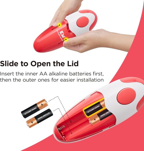 Kitchen Mama Electric Can Opener - Automatic Hands-Free Operation, Smooth Edge Design | Battery Operated (Red)