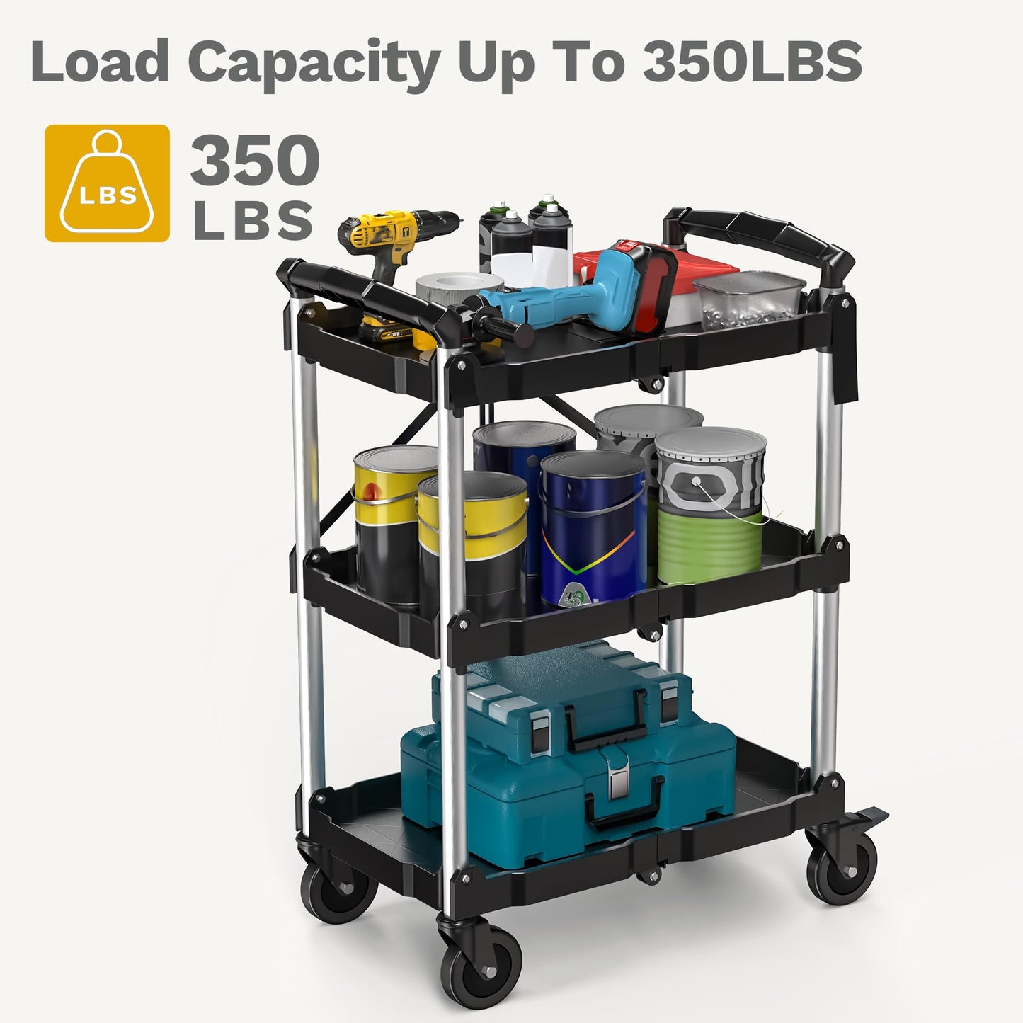 DWVO 3-Tier Folding Utility Cart, Foldable Service Cart Heavy Duty Collapsible Rolling Cart with 360° Swivel Wheels and Brake, 350LBS Load Capacity Portable Utility Cart for Kitchen, Warehouse, Garage