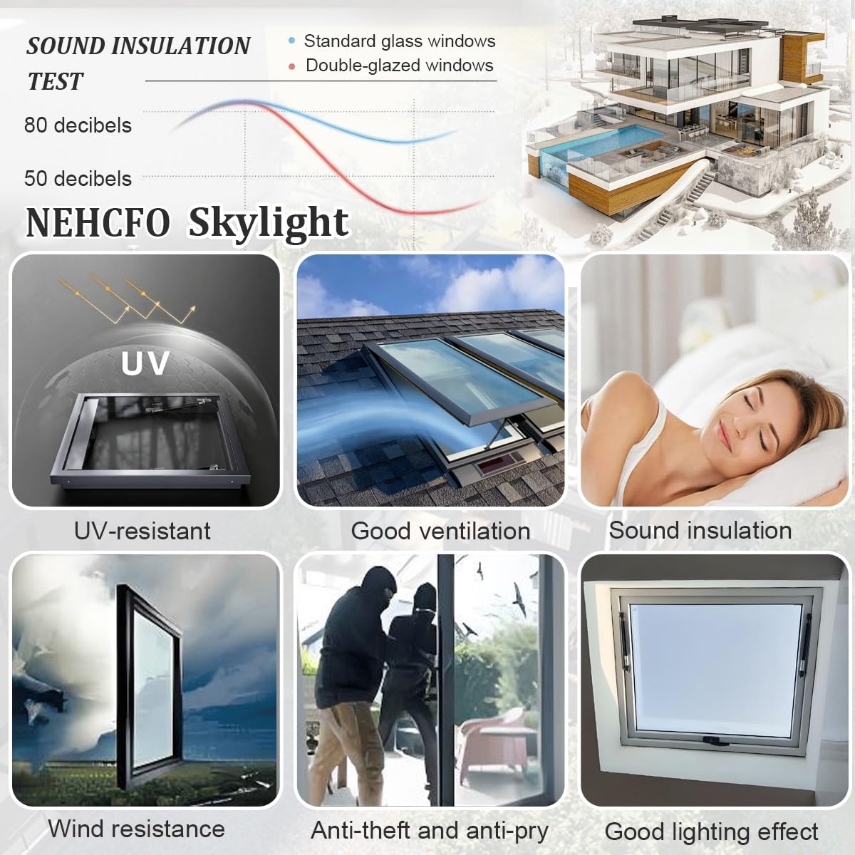 Skylight Roof Window 19.6 Inch, Aluminum Frame Venting Skylight with Double Tempered Glass, Manual Opening Roof Window for Attic Balcony Roof Ventilation(LxW 19.6x19.6in)