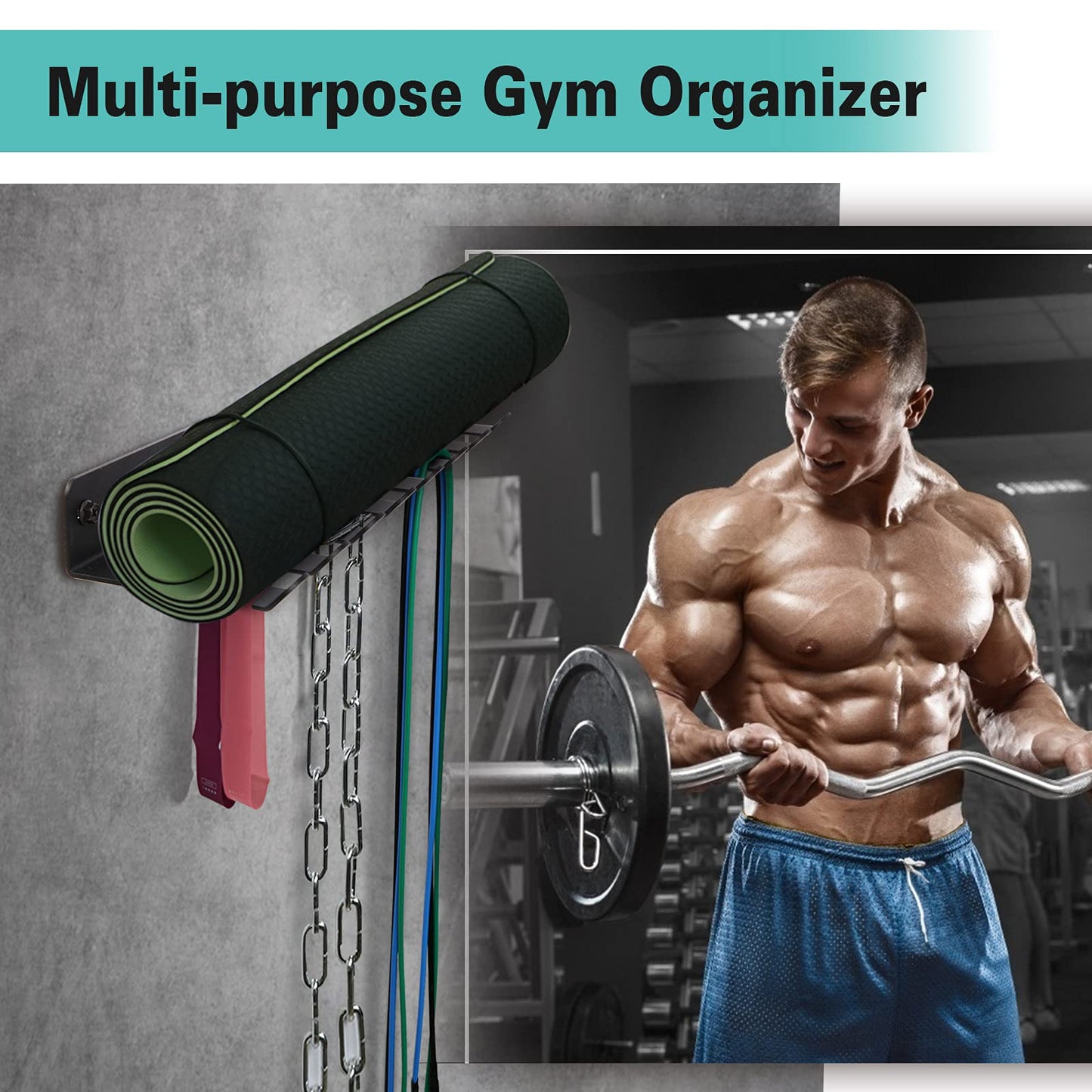 Heavy Duty Wall Mount Gym Rack 16" 8-Prong Multi-Purpose Storage for Barbells, Resistance Bands, Jump Ropes, Lifting Belts, Chains, Foam Rollers & Straps Home Gym Organizer