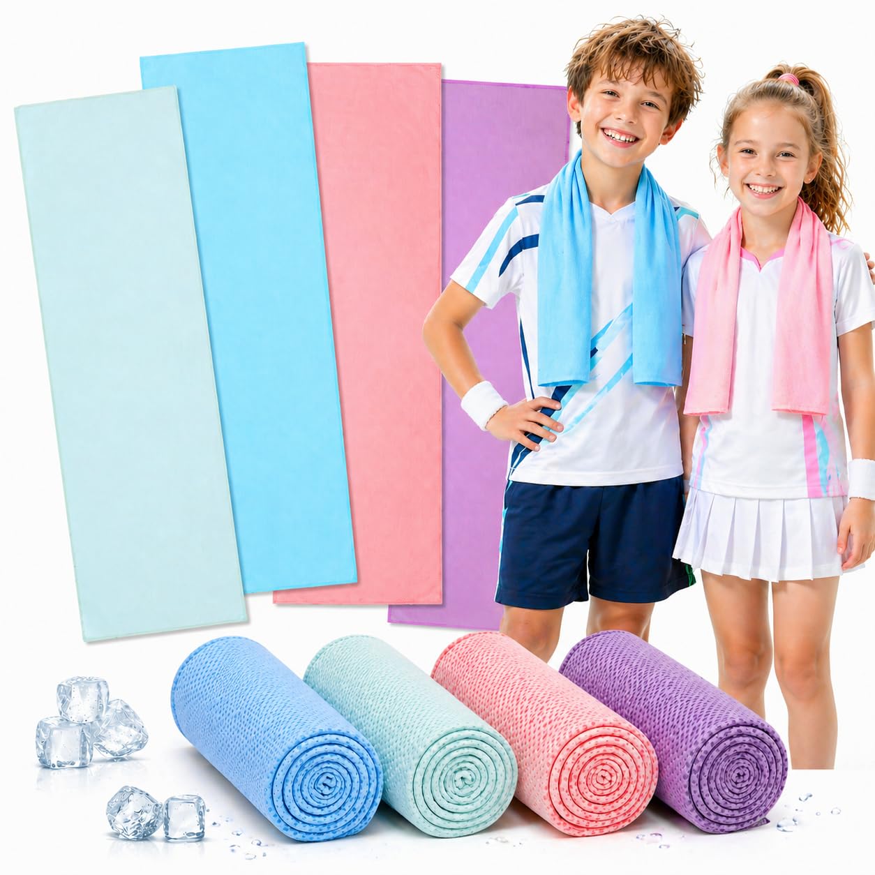BobbleT 4 Pack Kids Cooling Towels, 30" x 9" Cooling Towels for Neck and Face, Soft Breathable Cooling Neck Wraps for Boys & Girls, Ideal for Sports, School, Summer Camp & Outdoor Use