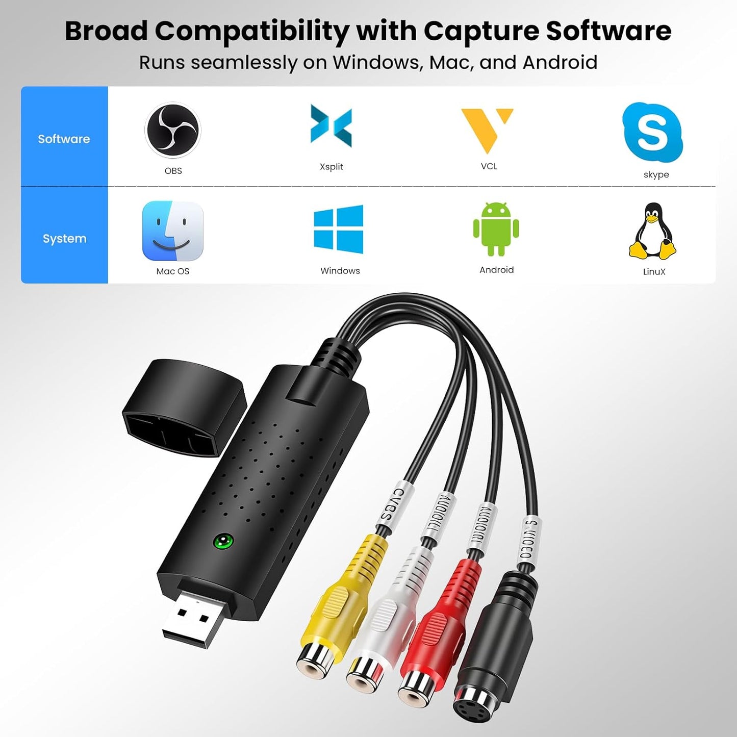 Vision DigitLink Hi8 VHS to Digital Converter, USB Video Capture Card Device, RCA to USB A Converter, Convert VHS Mini
