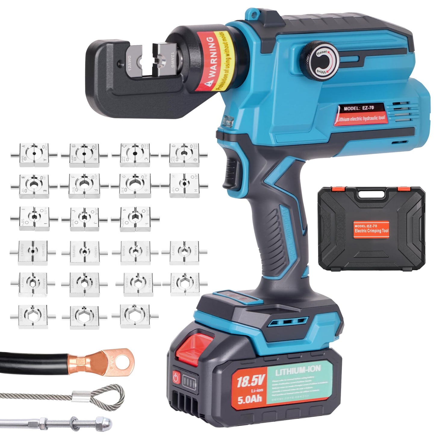 AMZCNC Electric Hydraulic Cable Lug Crimp Tool, 12 AWG to 4/0 AWG Cable and 3/64" to 3/16" Wire Rope, Cable Crimping Tool, Wire Rope Crimper Kit, Battery Crimper, Electric Crimping Tool with 22 Dies