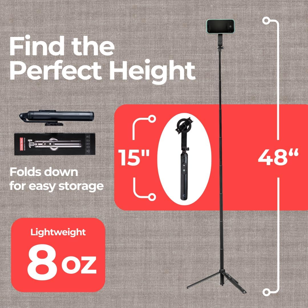 Cinder Brands 12/13/14/15 180 Magnetic Tripod & Selfie Stick with Bluetooth Remote | Foldable Travel Stand for iPhone |