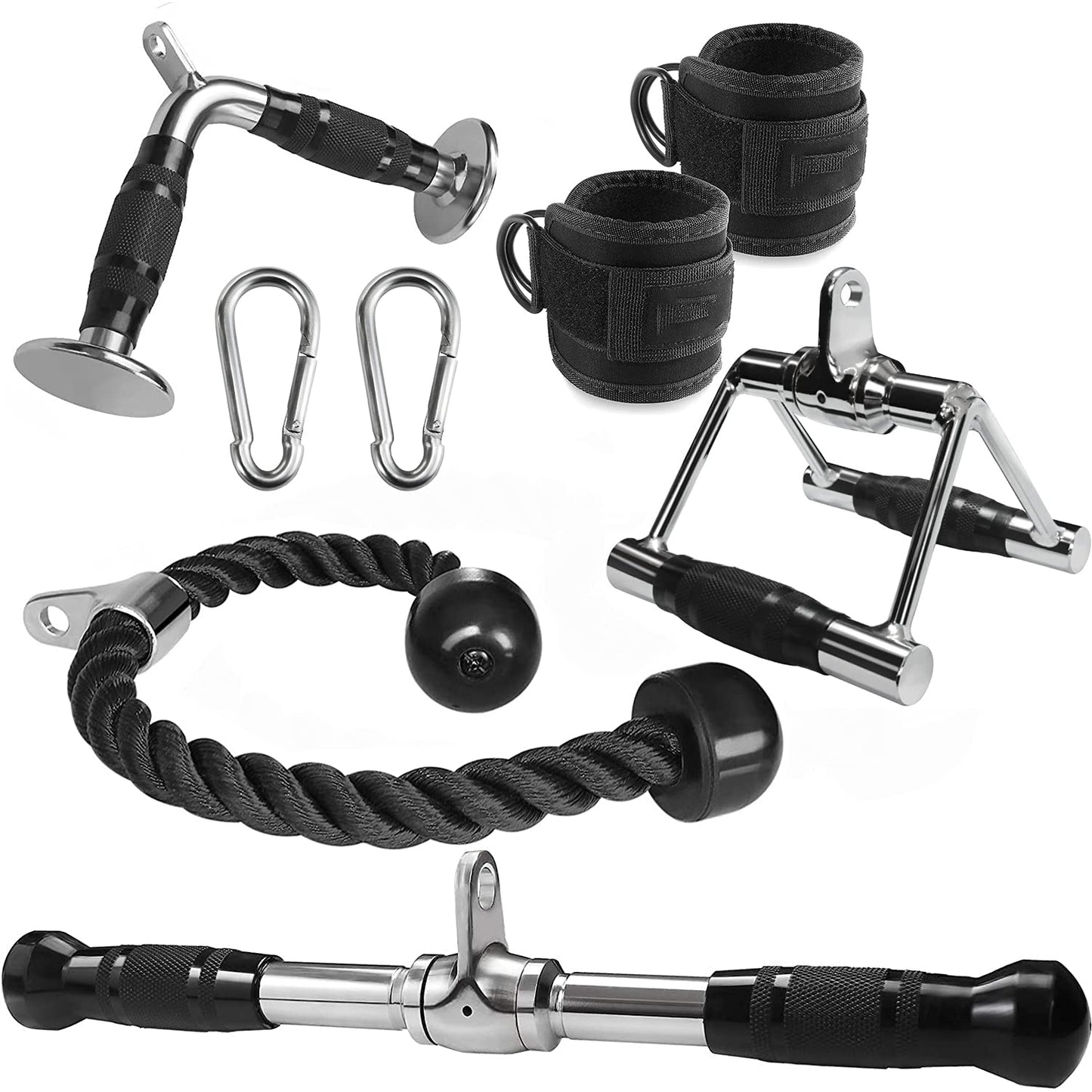 WNOEY Cable Machine Attachment, LAT Pulldown Attachments, Home Gym Accessories, Triceps Pull Down Attachment (V Handle + Row Handle + Rotating Bar + Tricep Rope + Ankle Straps)