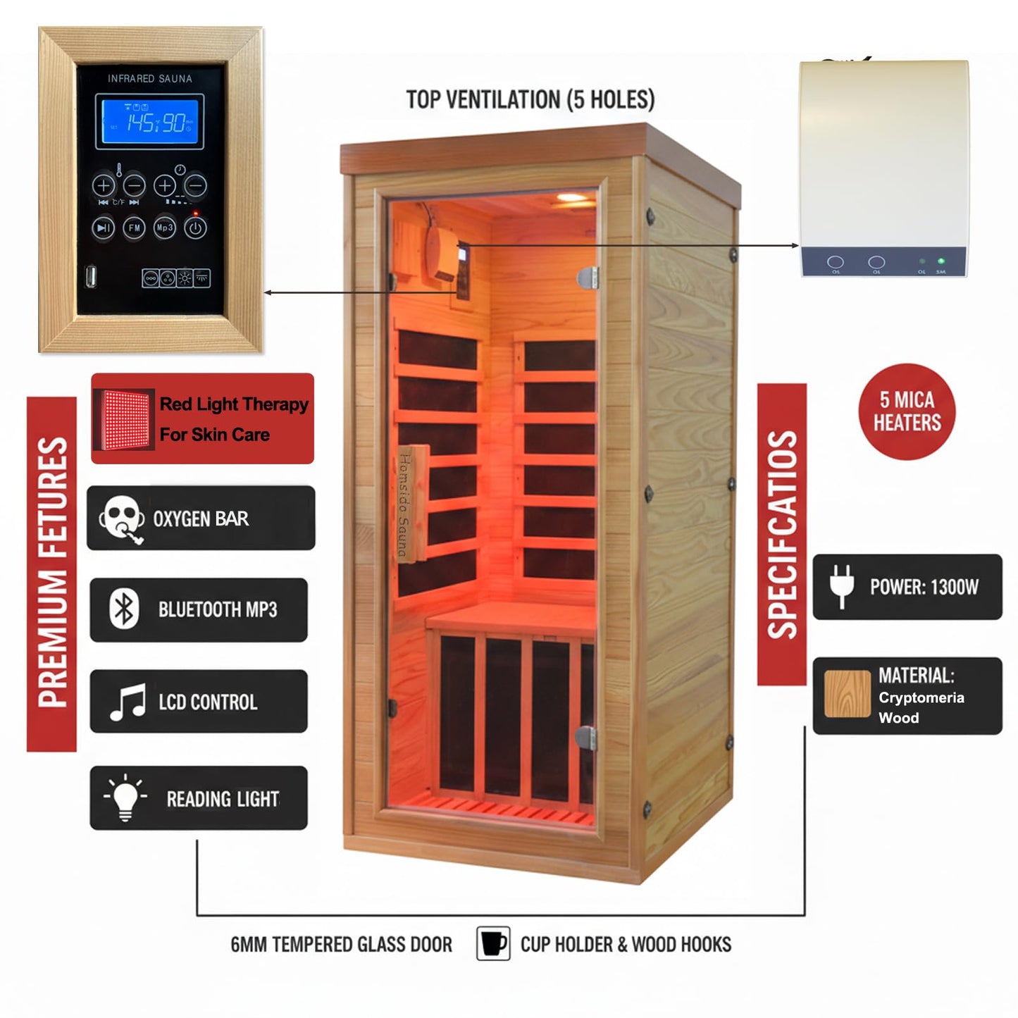 Homsido Red Light Therapy Infrared Sauna, 1300W 110V Indoor Wood Dry Sauna with Carbon Crystal Heaters, Red Light Therapy Lamp,Home Use for Post-Workout Recovery, Spa Relaxation, for Women Men