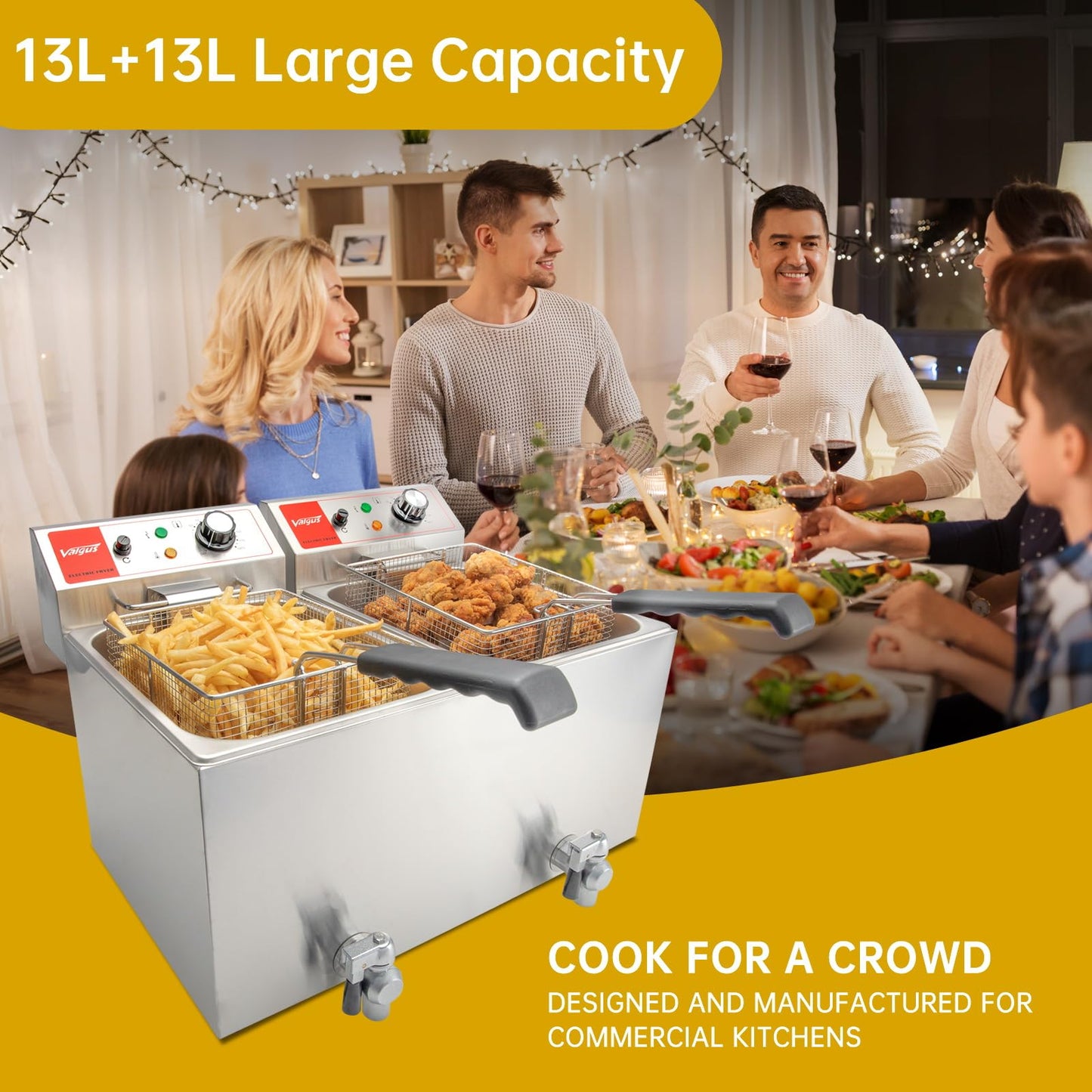 Valgus Dual Tanks Commercial Deep Fryer Electric 1700W 120V 26L Large Capacity Stainless Steel Countertop Kitchen Frying Machine with Basket & Lid, Drain System for Home Kitchen and Restaurant