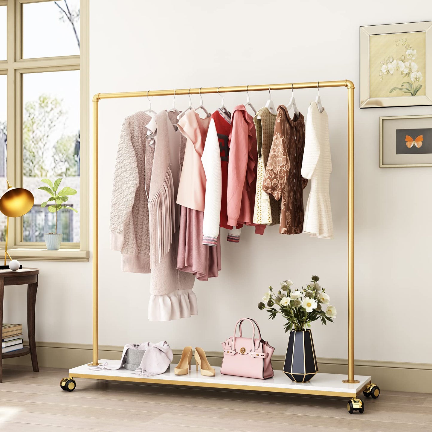 FONECHIN Gold Metal Clothing Rack with Wood Shelf, Heavy Duty Rolling Garment Rack with Wheels for Bedroom Retail Boutique Use (61L inches)
