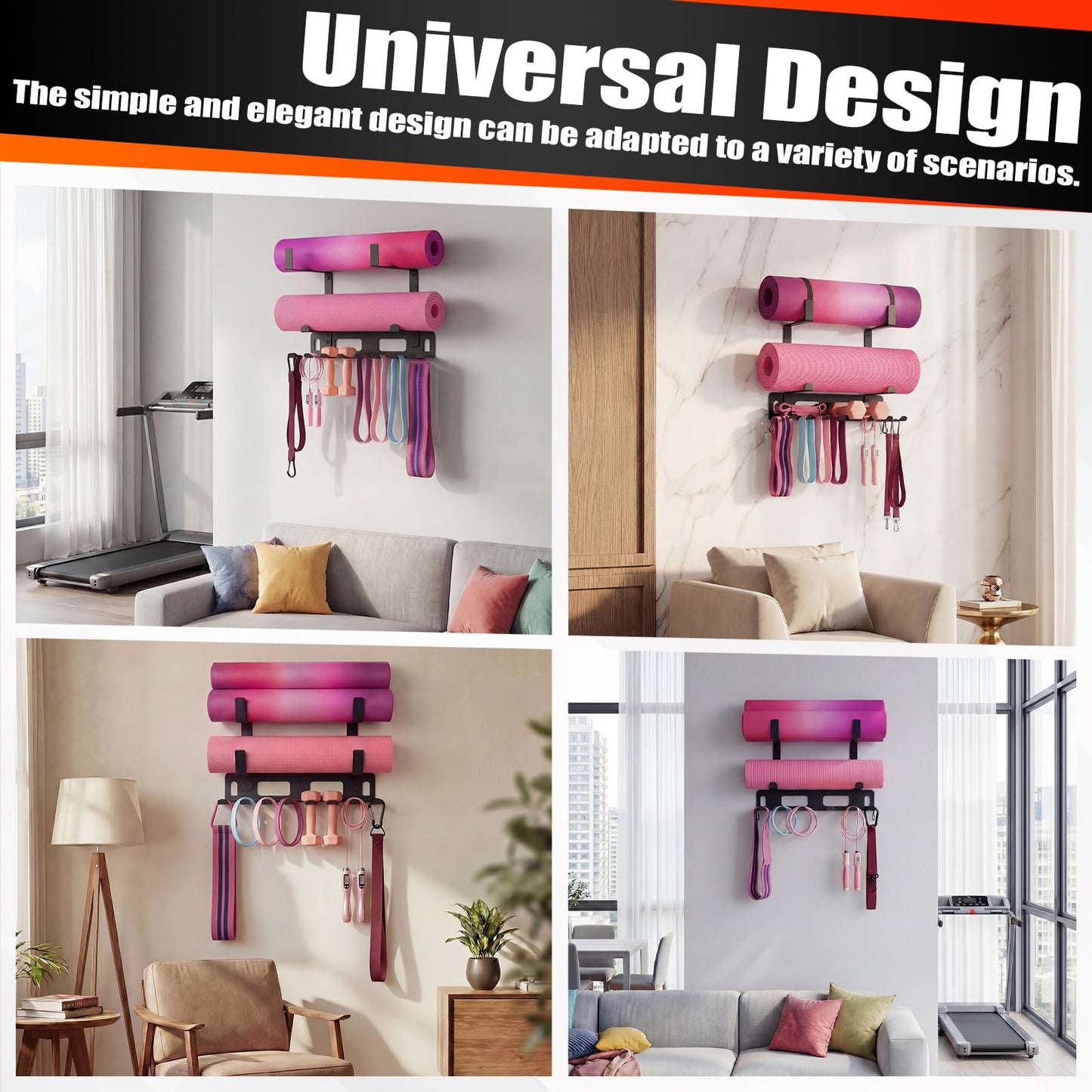 Novabright Gym Storage Rack Resistance Band Rack Multi Purpose Wall Mount for Home 8 Hook Wall Hanger Display with 4 Adjustable Hooks for Gym Equipment, Exercise Bands, Lifting Belts and Jump Ropes