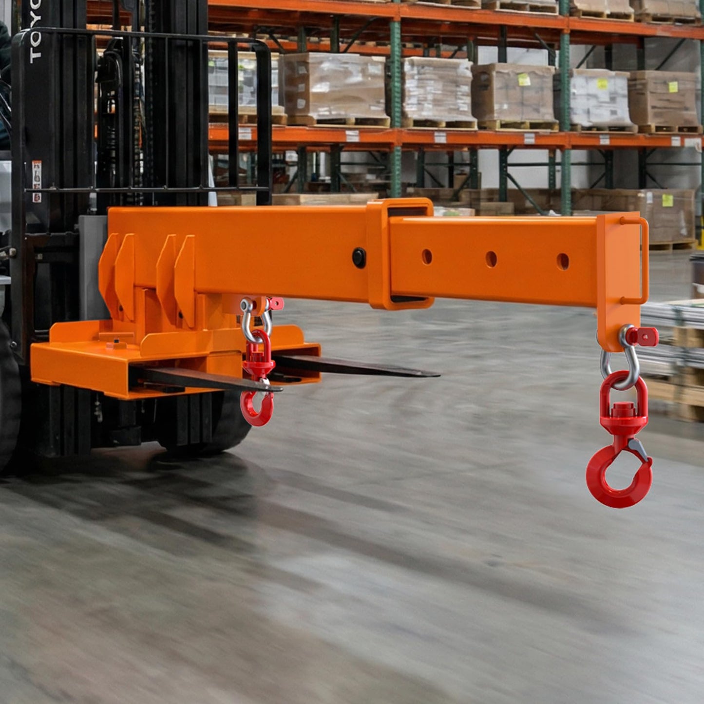 Jib Crane 5511 Lbs Forklift Boom Lift Fork Mounted Crane Attachment with Adjustable Holes Heavy Duty Steel Construction 2 Swivel Hooks 3 Angle Adjustment 28”to 79.92”