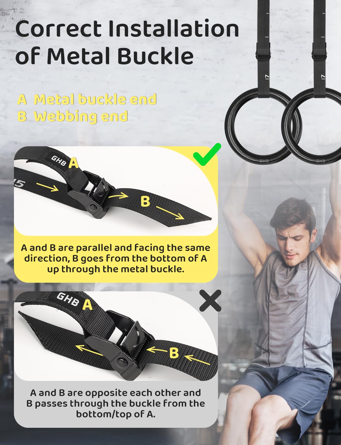 GHB Gymnastic Rings Gym Rings 1.1" Olympic Rings Adjustable Straps Pull Up Rings Sets for Workout Bodyweight Fitness Training