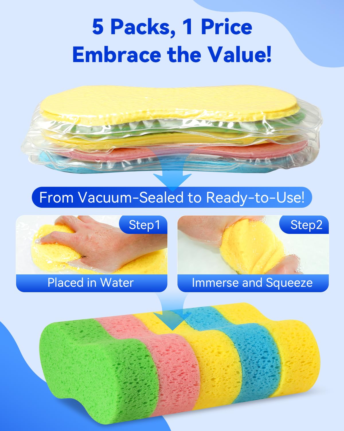 Temede 5-Pack Car Wash Sponges, 9.1" x 4.3" x 2.4" Large Sponges, Extra Thick Foam Kit for All-Purpose Cleaning, Ideal Washing Sponges for Kitchen, Bathroom, Household