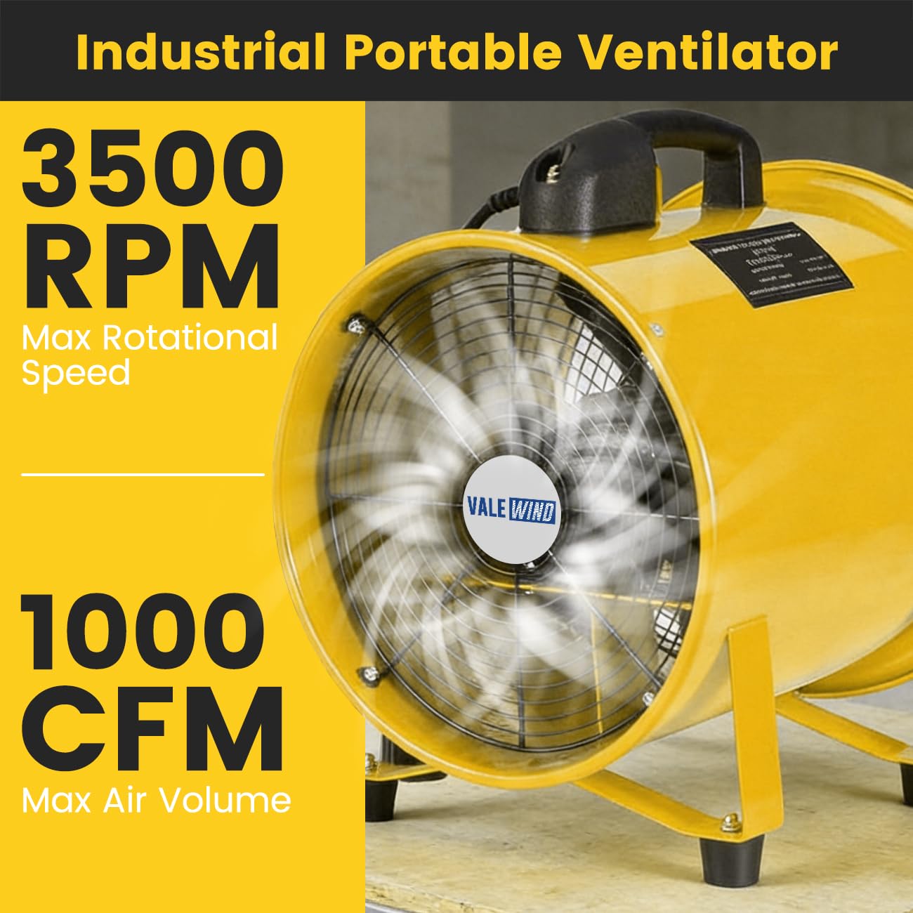Valewind Heavy Duty Air Mover Portable Ventilation Fan 8Inch, 230W Exhaust Fan with 16.4ft Flexible Duct, 3500RPM Overheat Protection Cylinder Axial Fan, Industrial Portable Air Blower/Exhaust, Yellow