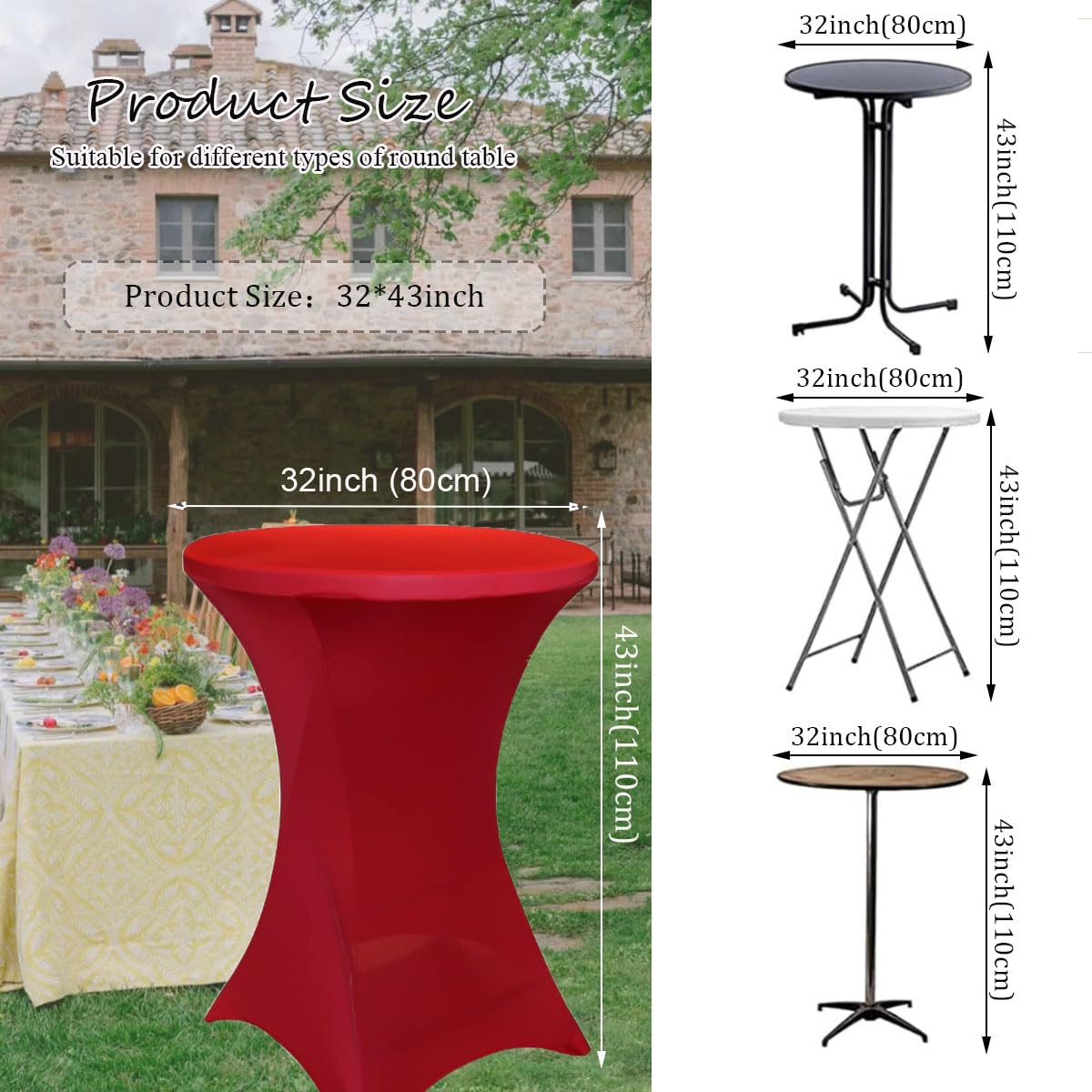 Albassa 2 Pack Cocktail Table Covers 32"x43" Spandex Stretch Highboy Top Tablecloth Fitted Round Table Cloths for Bar Wedding Cocktail Party Banquet Tables (2, Red, 32"x 43")