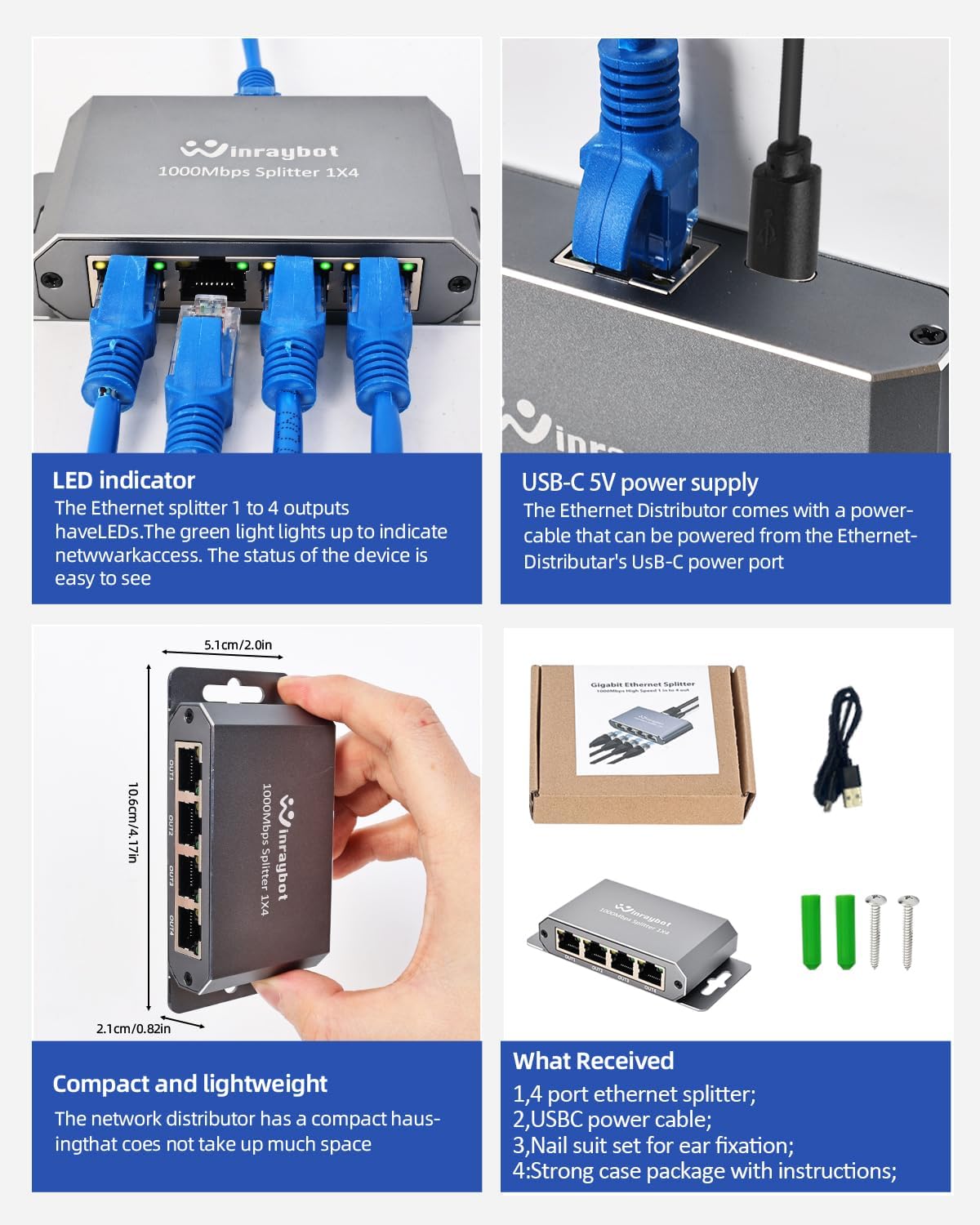 WinRaybot 4 1 4 PS5, 1000Mbps Port Gigabit Ethernet Splitter to - Powered Network Switch with Wall Mount Ears for Home