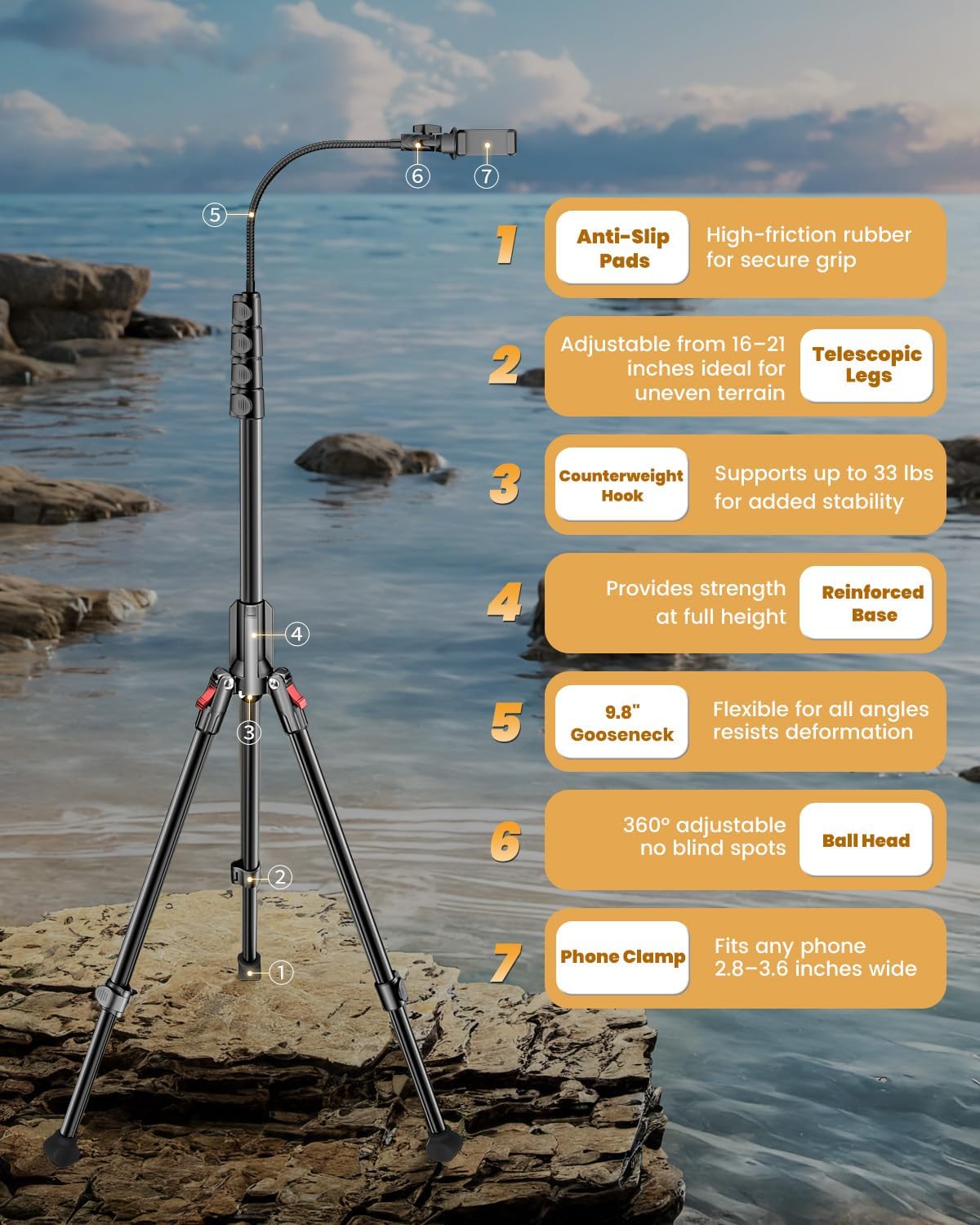 CAMBOFOTO 84" Phone Tripod, Tall Tripod Stand for Selfies with Flexible Gooseneck & Remote, Compatible with iPhone