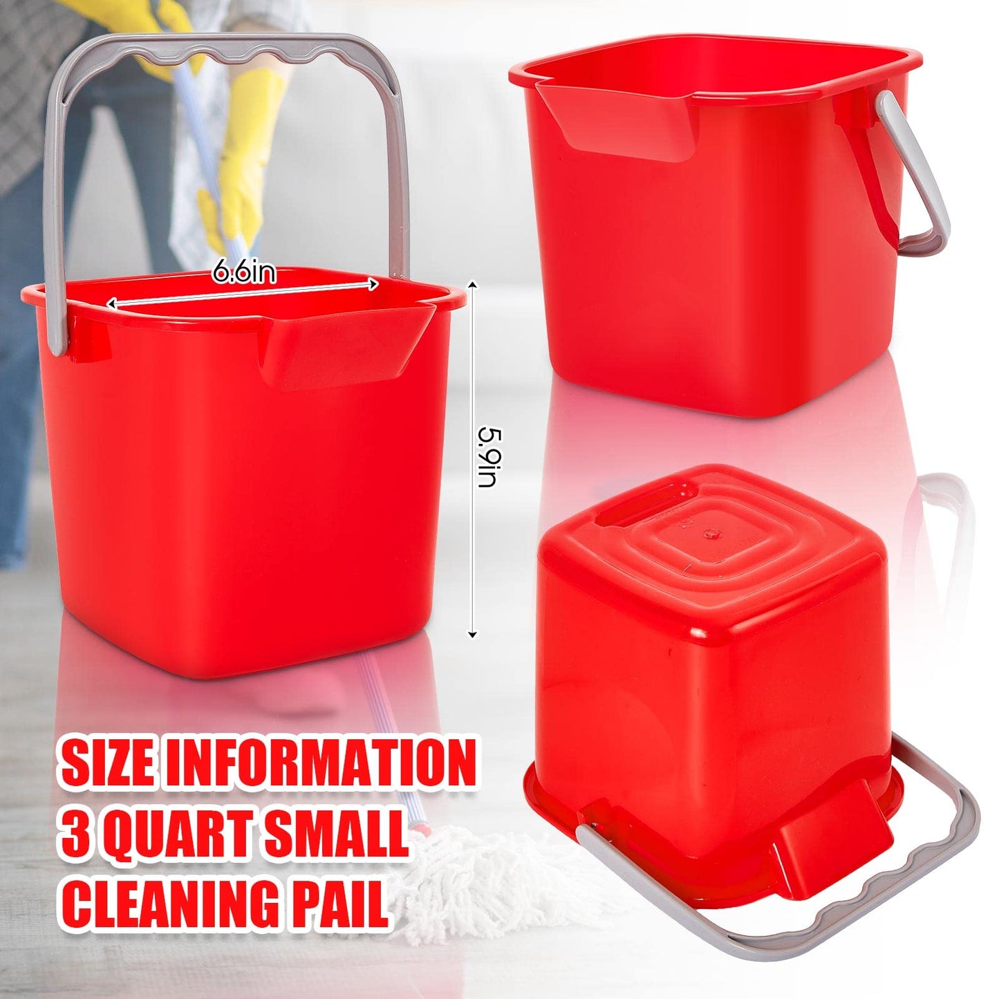 Irenare 8 Pcs Sanitizing Bucket 3 Quart Cleaning Pail Small Detergent Square, Spout and Handle Plastic Utility Sanitizer Buckets for Restaurant Kitchen Home Offices (Red)