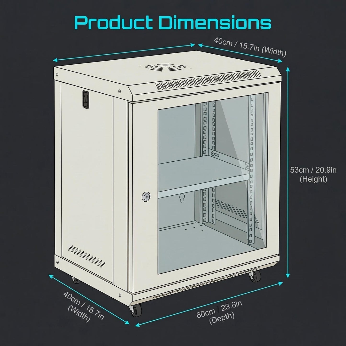 12U Wall-Mount & Rolling Network Cabinet for 19" Rack Equipment – Locking Tempered Glass Door, Ventilated Side Panels, Adjustable Rails, Fan Ready, Cable Management, Heavy-Duty Steel