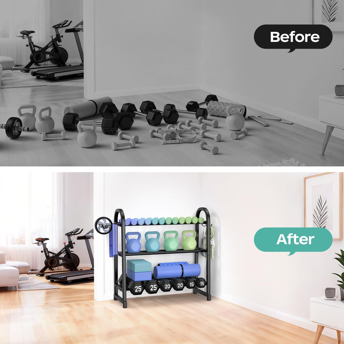 YaDonpe 3 Tier Dumbble Rack - 360LB Capacity Adjustable Dumbbell Storage Rack Space-Saving Home Gym Weight Rack For Dumbbells And Kettlebells With Hooks (Dumbbell Rack Stand Only)（Matte Black （29.96''Length））