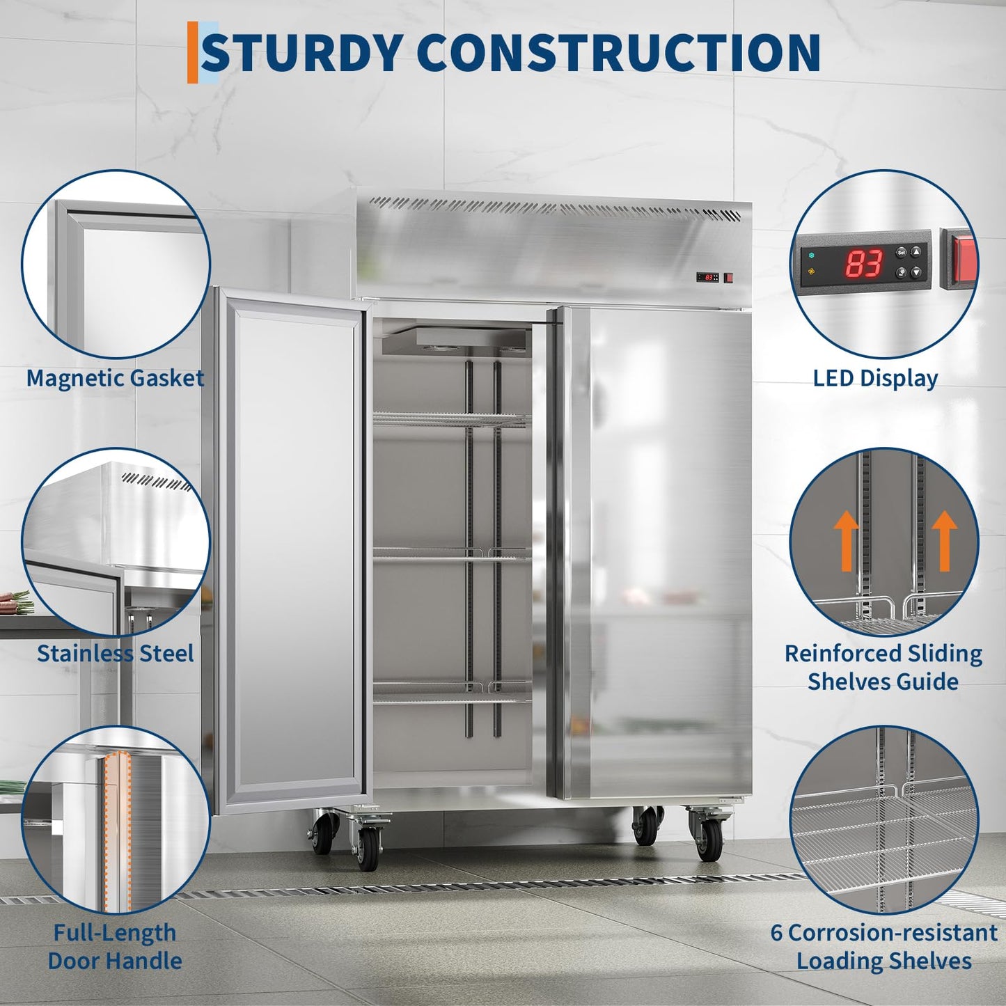 GarveeLife 48" W Commercial Freezer -8°F~0°F,Reach-in 36 Cu.ft 2 Door Stainless Steel Commercial Refrigerator Fan Cooling,6 Adjustable Shelves, Auto Defrost,for Restaurant,Bar,Kitchen,Shop