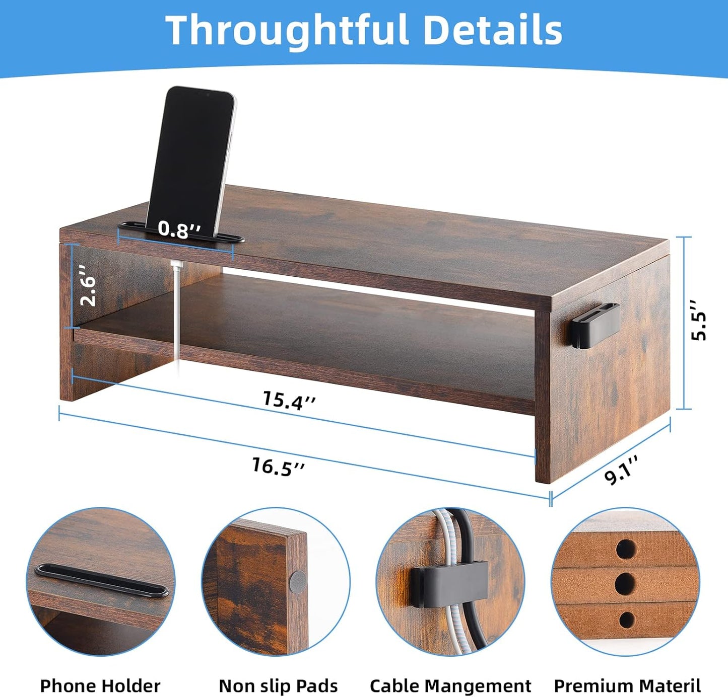 16.5 Inch 2 Marbrasse Monitor Stand, Tier Computer Monitor Riser with Printer Shelf, Laptop Computer Screen Storage