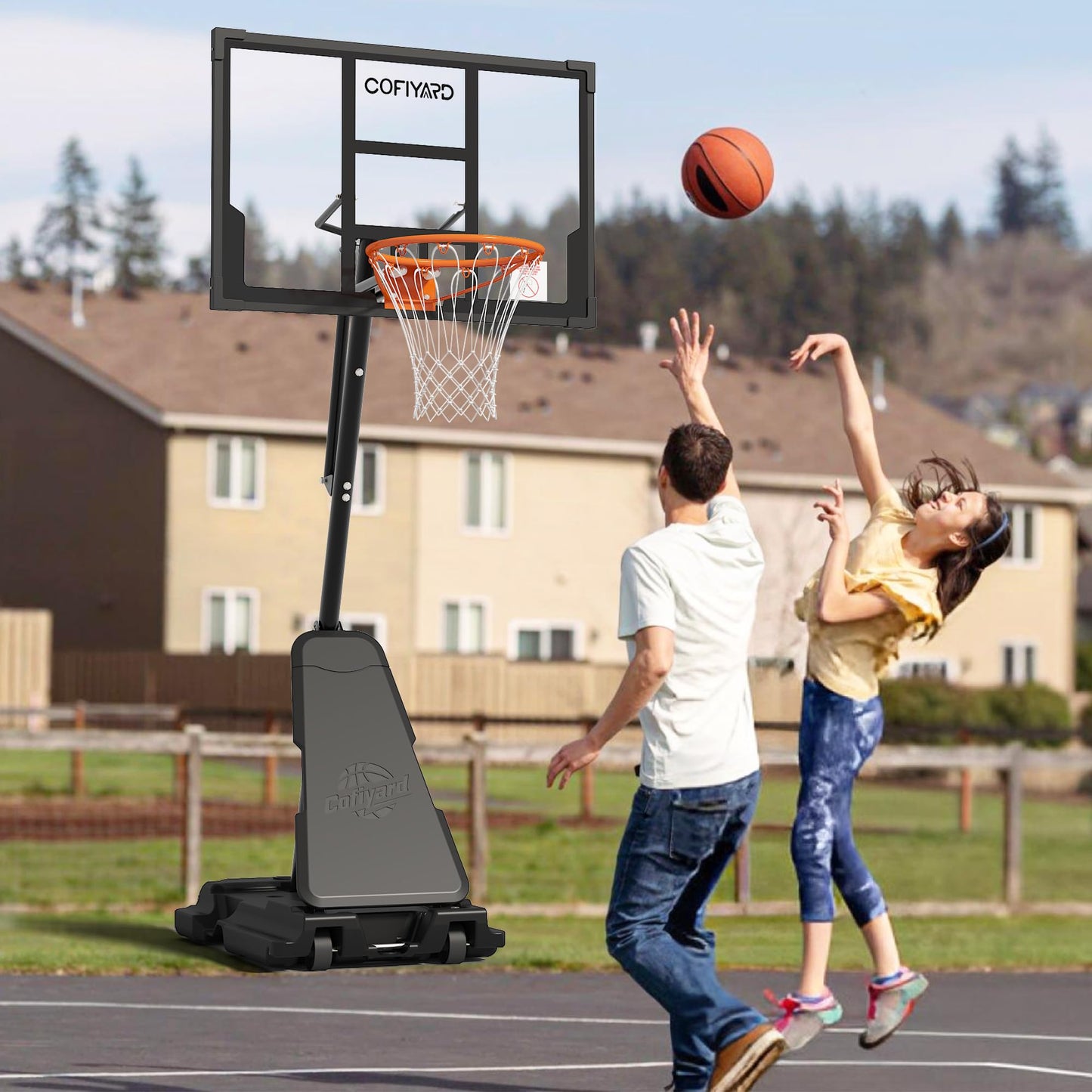 Cofiyard Basketball Hoop Outdoor with 44&48&54In Shatterproof Backboard, 5.25-10FT Height Portable Basketball Hoop with Sandbag, Adjustable Basketball Goal System