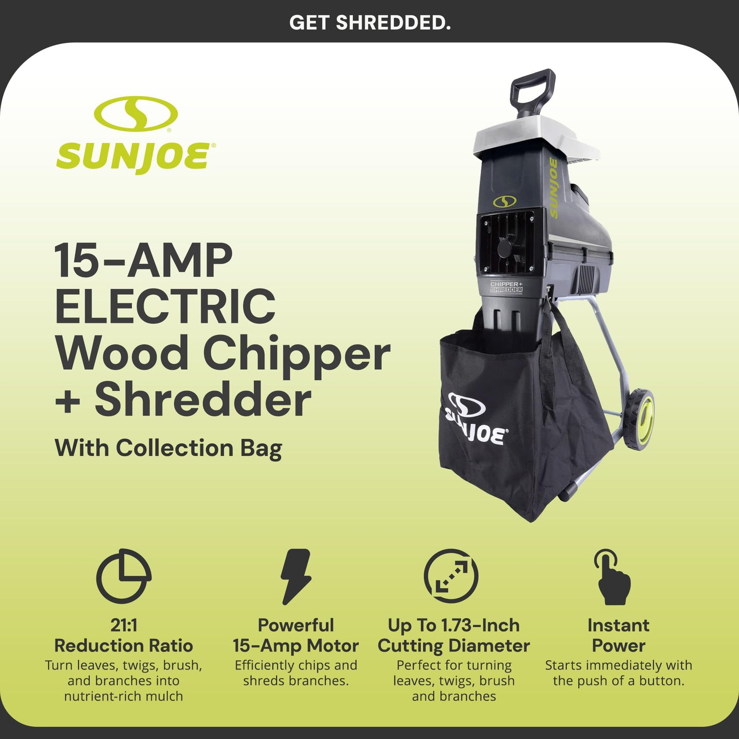 Sun Joe Wood Chipper Shredder and Waste Shredding Machine w/Collection Bag, 1.7-Inch Cutting Diameter, 15-Amp Motor - Portable Electric Equipment, Lawn Care CJ603E