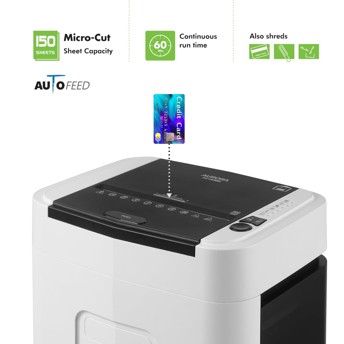 Aurora High Security 150-Sheet Auto Feed Micro-Cut Paper and Credit Card Shredder with 6.3 Gallon Pullout Basket / 60 Minutes/Security Level P-4
