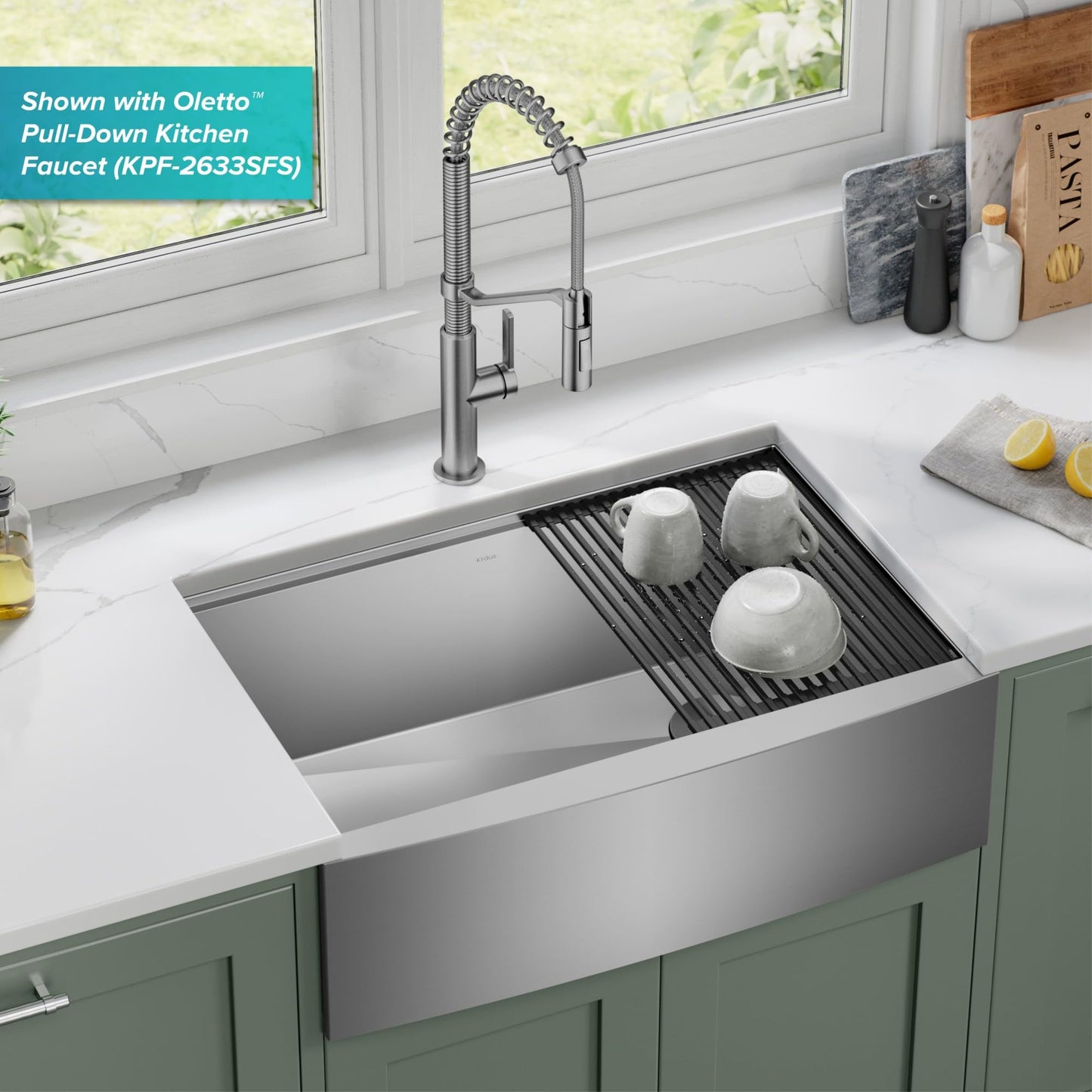 Kraus Kore 30-Inch Farmhouse Workstation with In Sink Dish Drying Rack, Stainless Steel Kitchen Sink, KWF410-30
