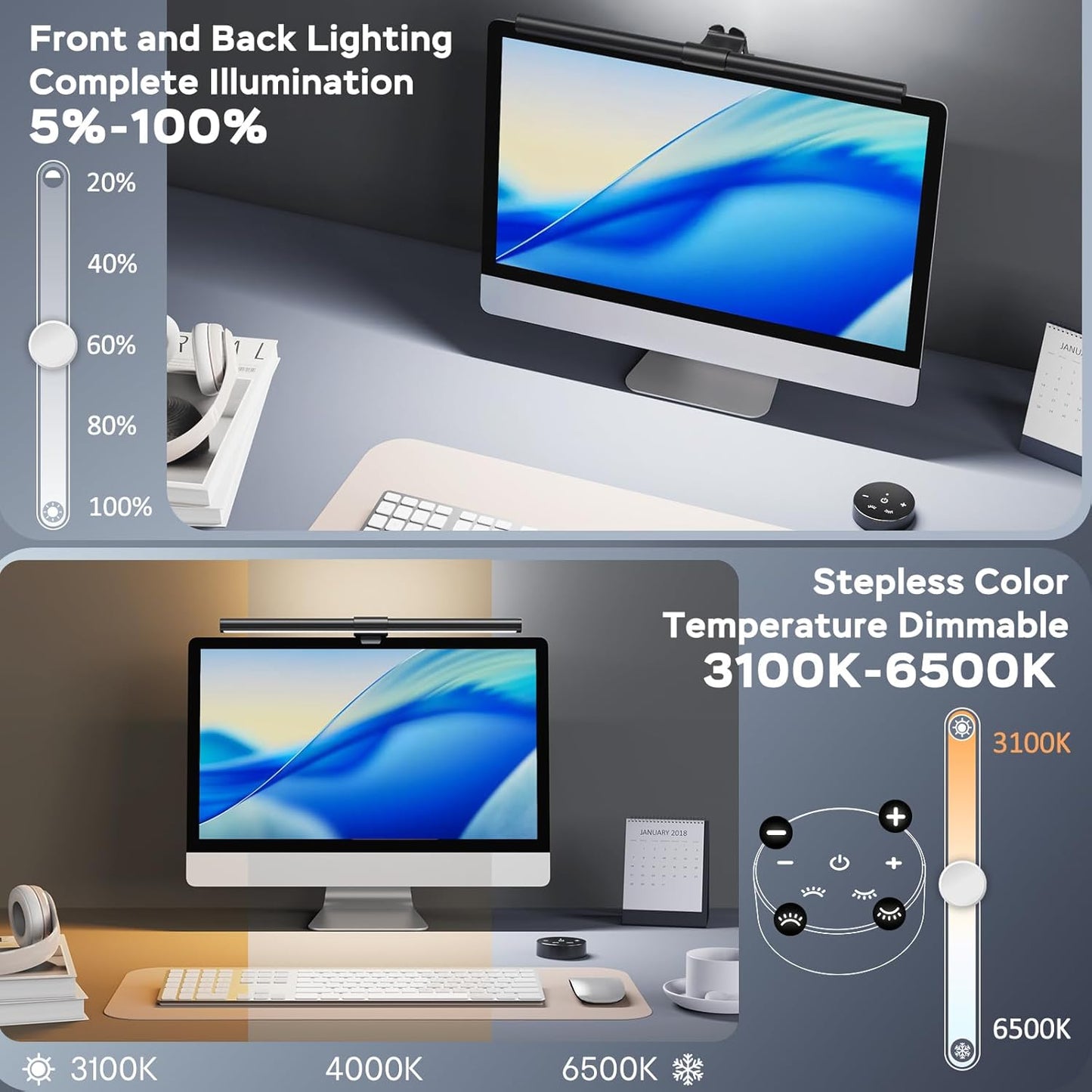 Ra95 Dimmable 16.14" 1-Pack OOWOLF Monitor Light Bar with Remote, Computer Monitor Lamp for Eye Caring, USB Reading